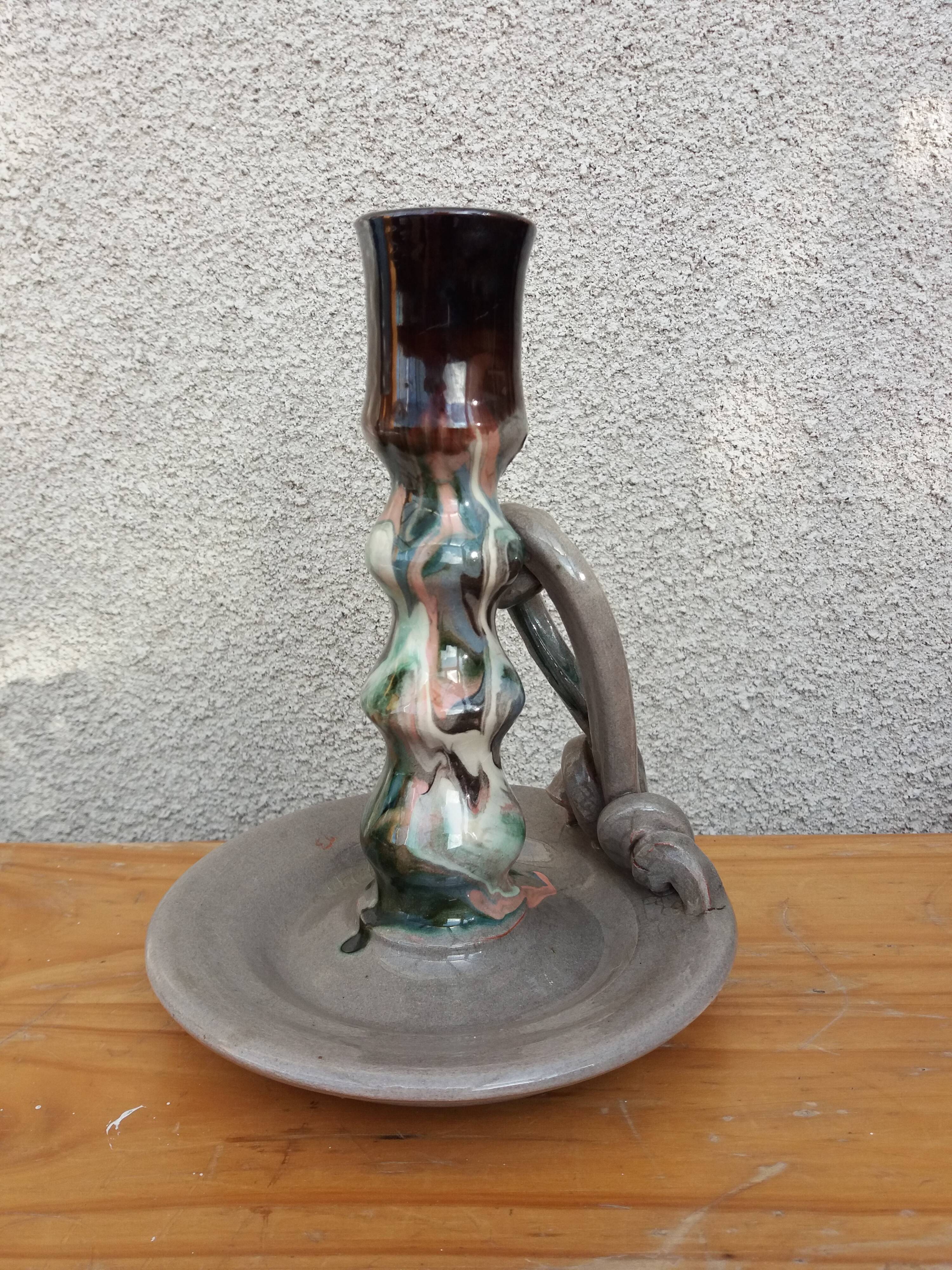 Marbled ceramic cellar rat candle holder signed