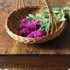 Round wicker basket with a rigid handle.