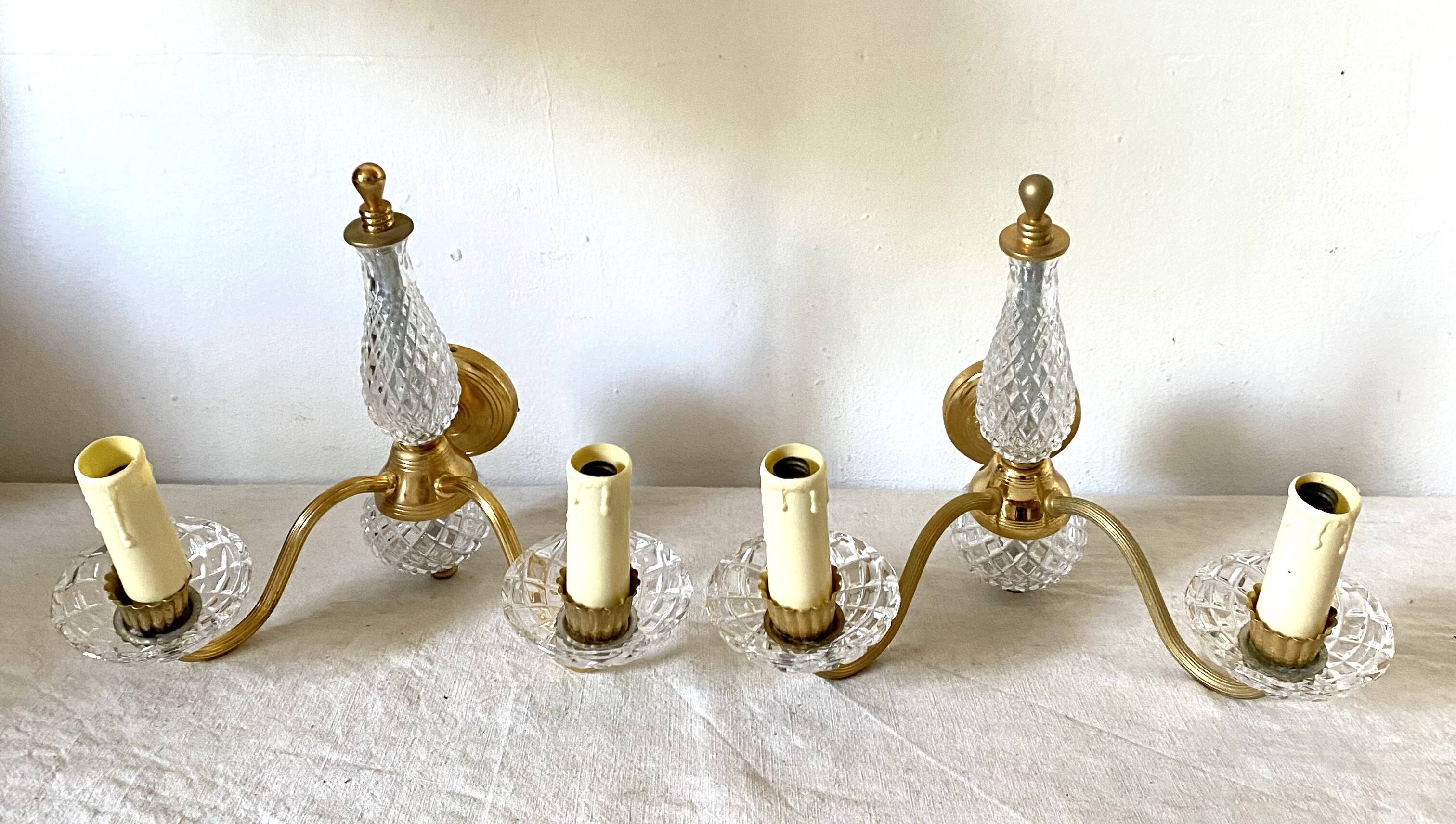 Pair of double glass and metal wall lights, 1960s