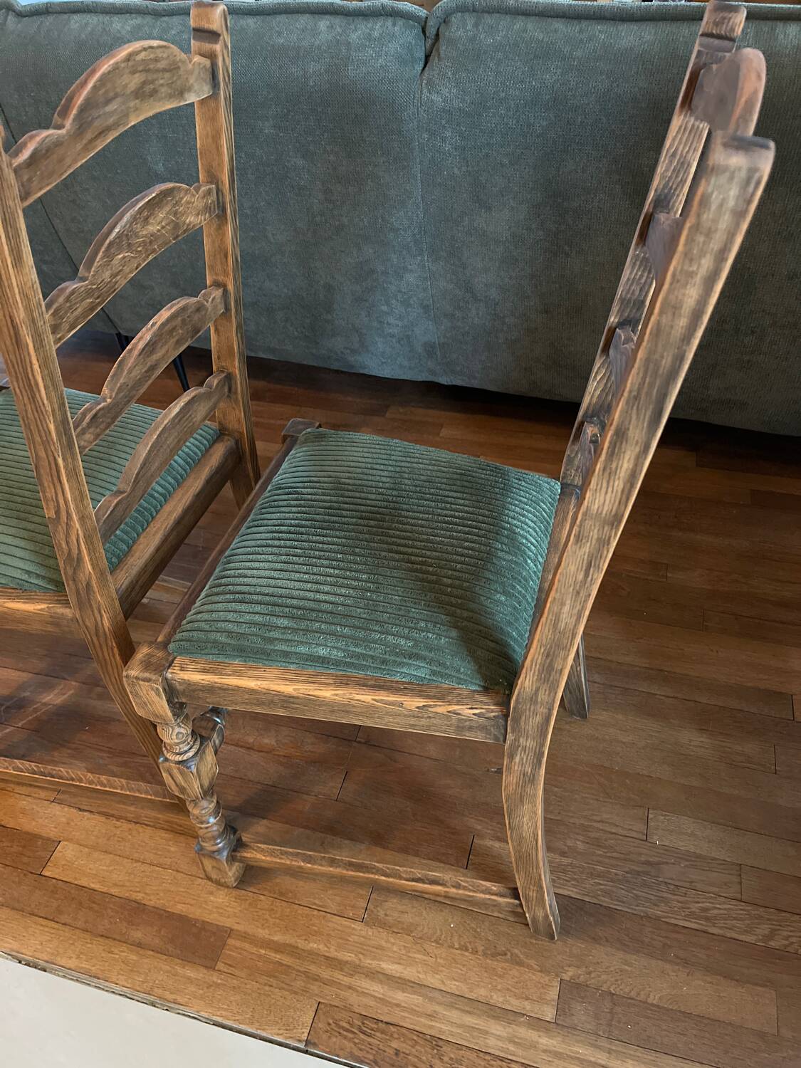4 antique chairs with green velvet upholstery