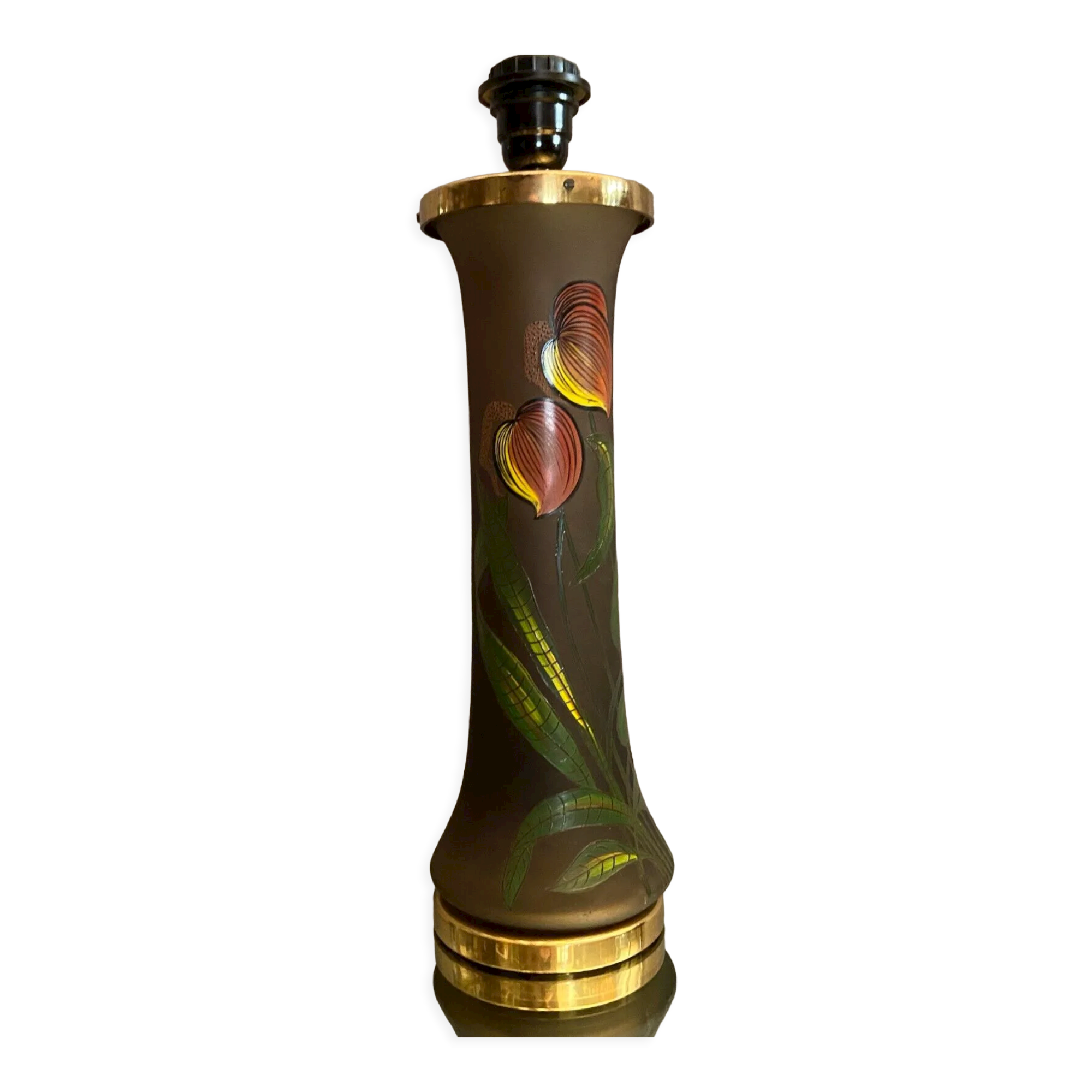 Pied de lampe en verre teinté à décor végétal émaillé