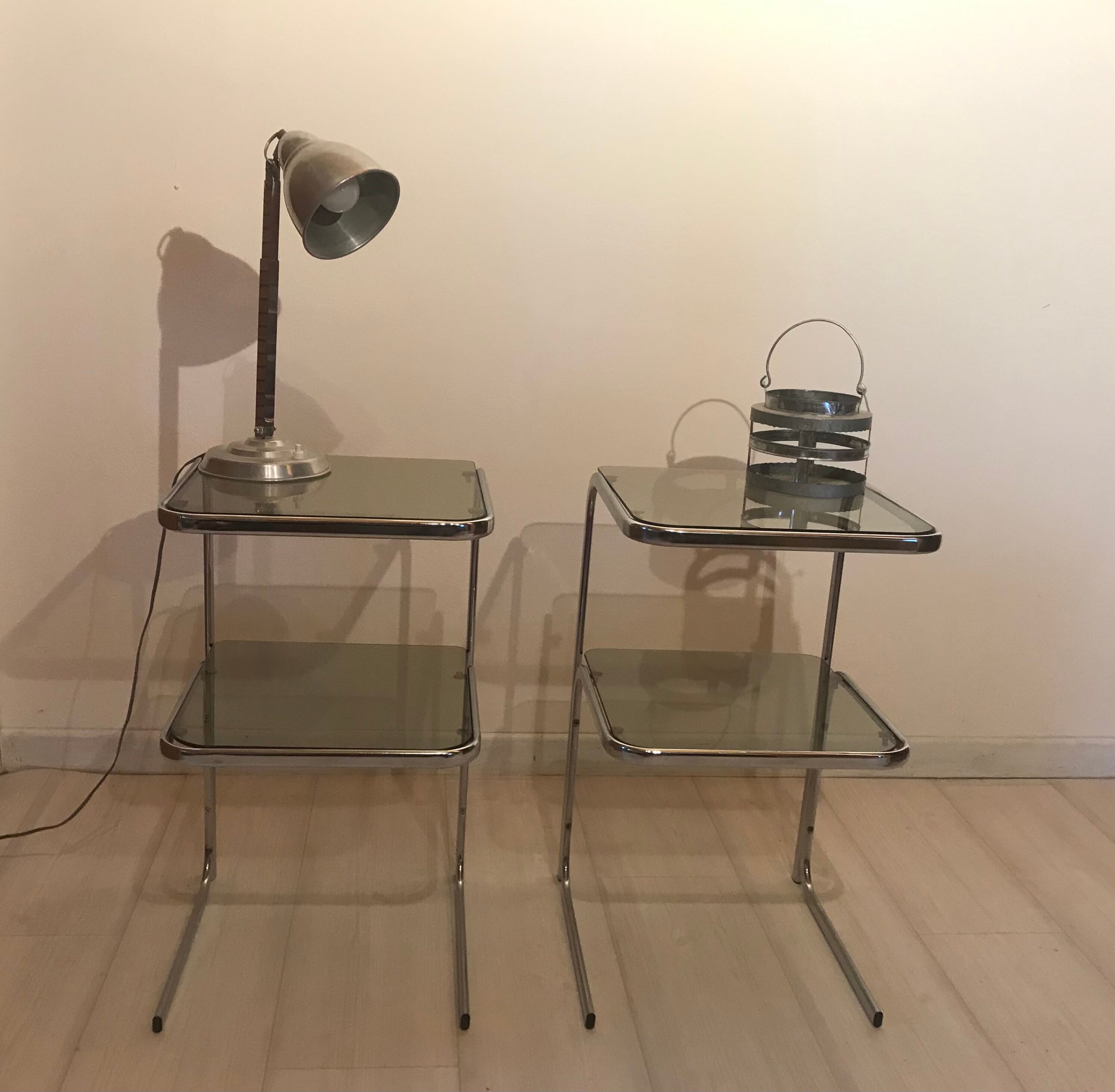 Bedside tables 70s glass and chrome
