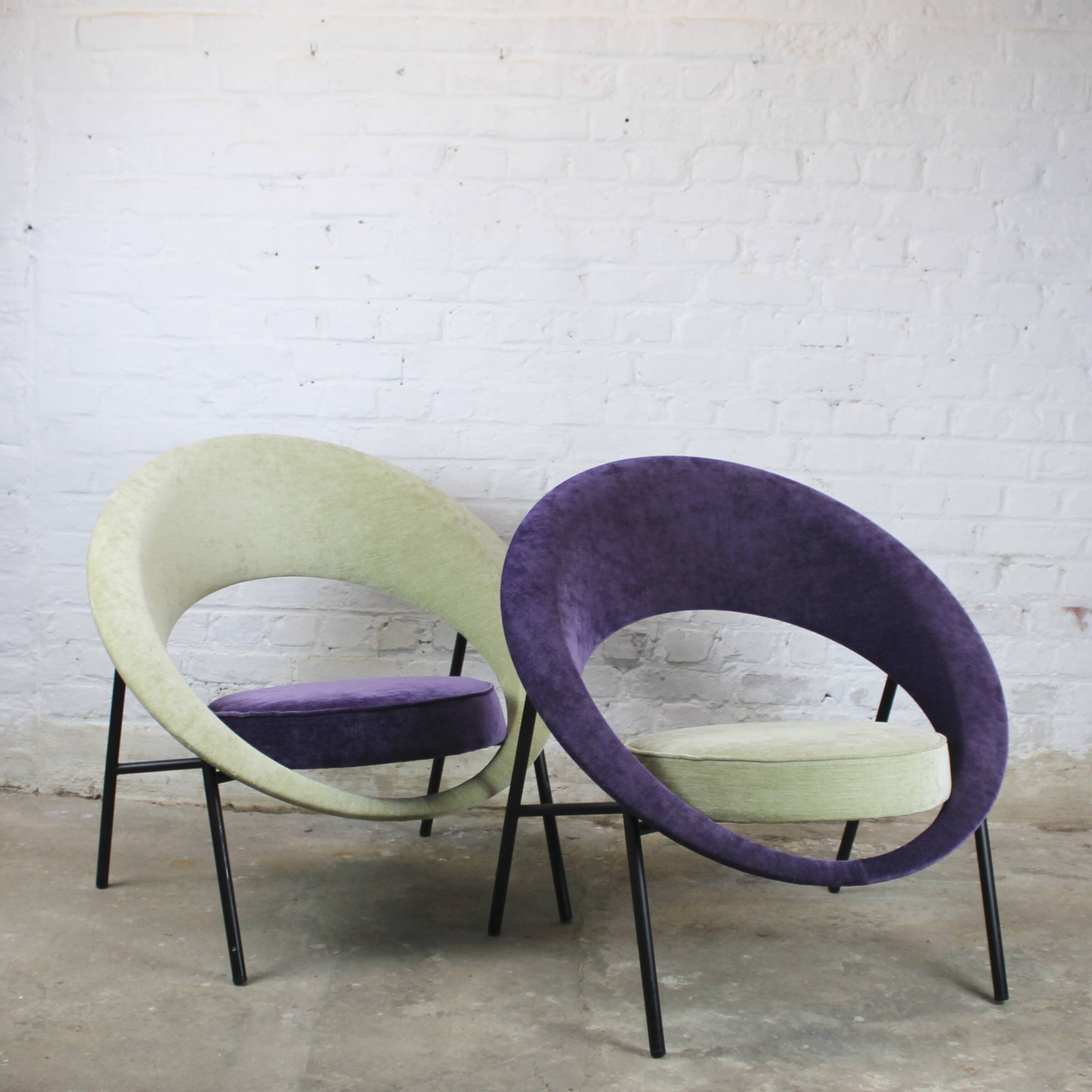 Pair of Burov "44" or "Saturne" armchairs by Geneviève Dangles and Christian Defrance