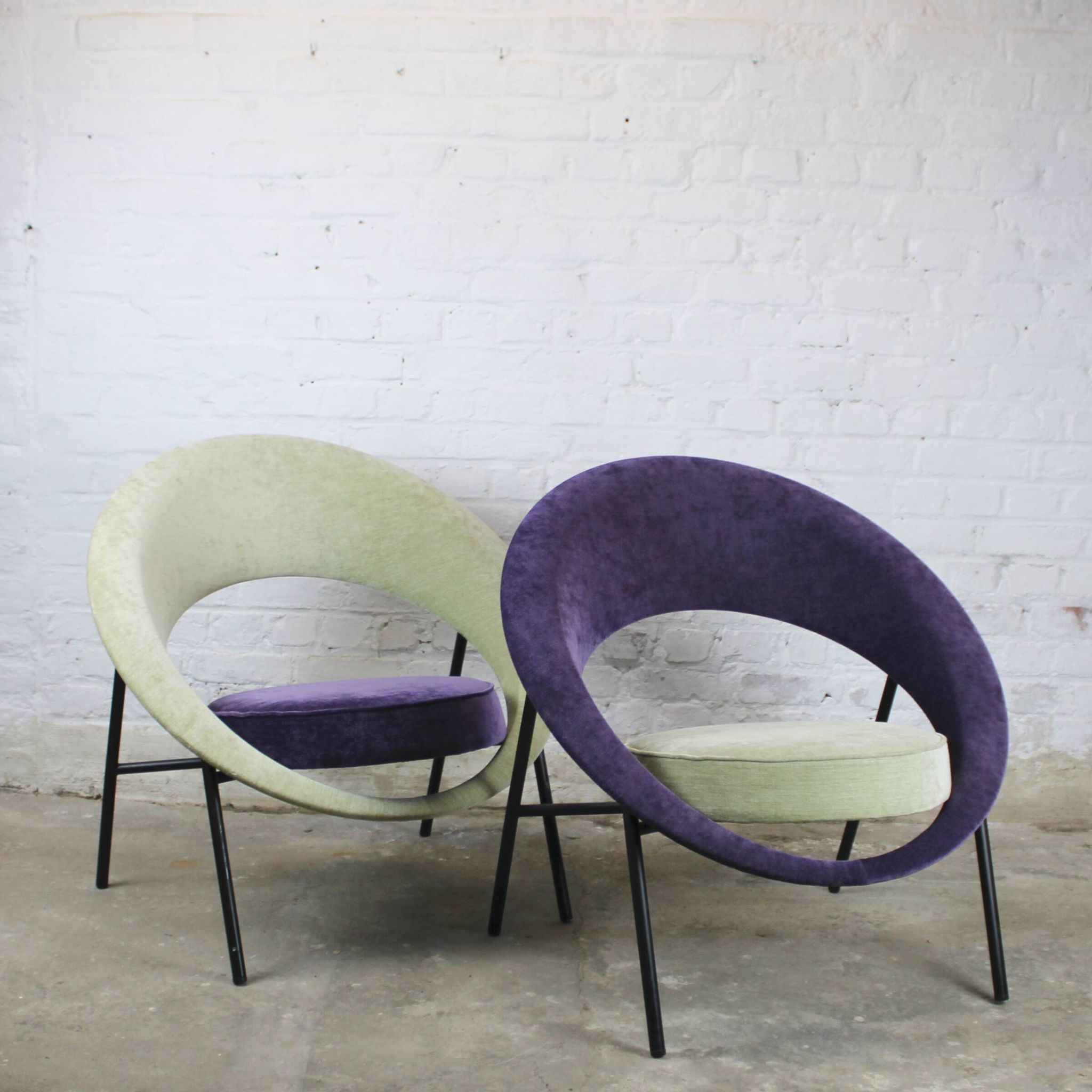 Pair of Burov "44" or "Saturne" armchairs by Geneviève Dangles and Christian Defrance