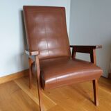 Scandinavian armchair in brown leatherette and wood