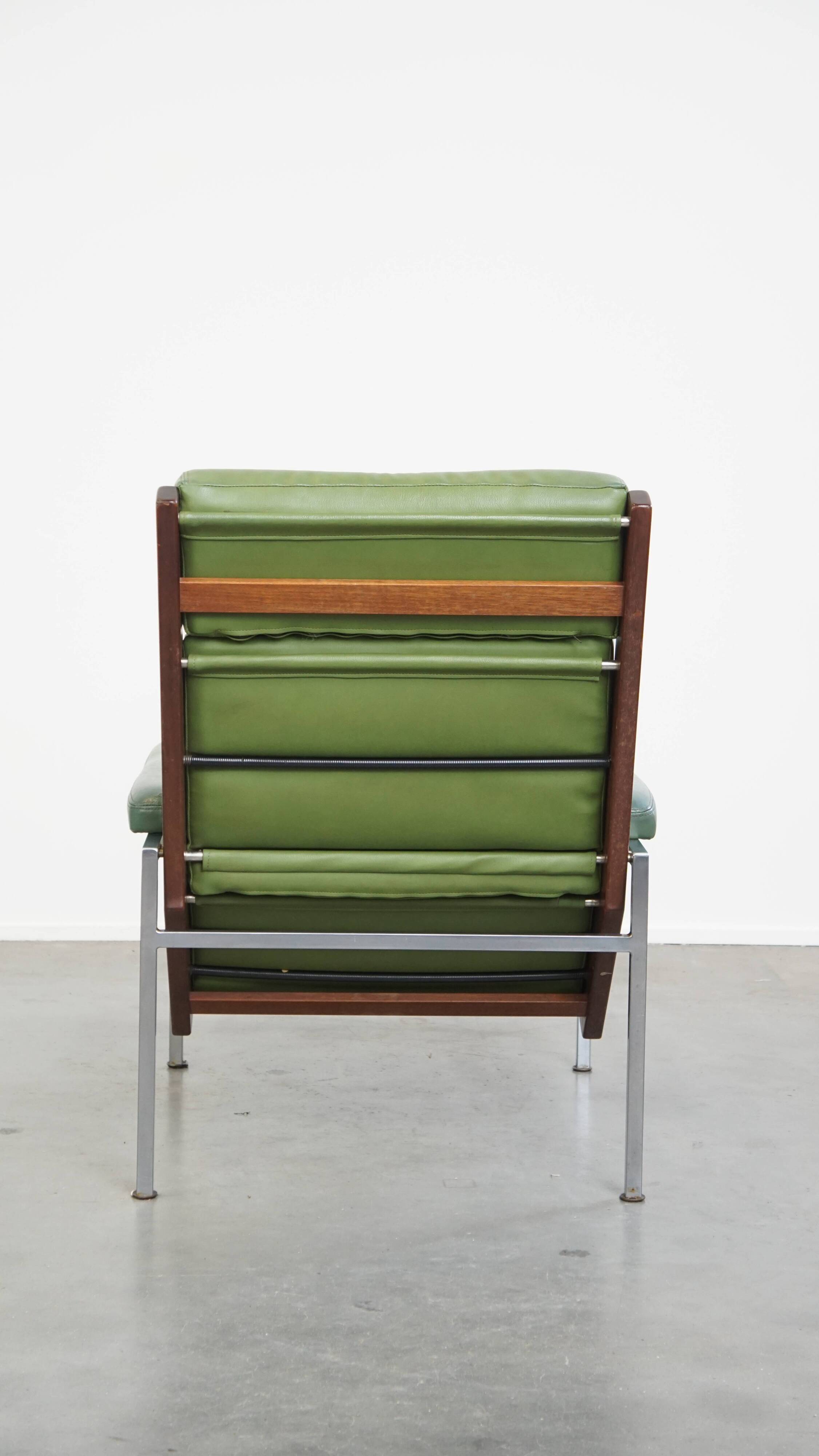 Green Cowhide Leather and Wooden Vintage Armchair