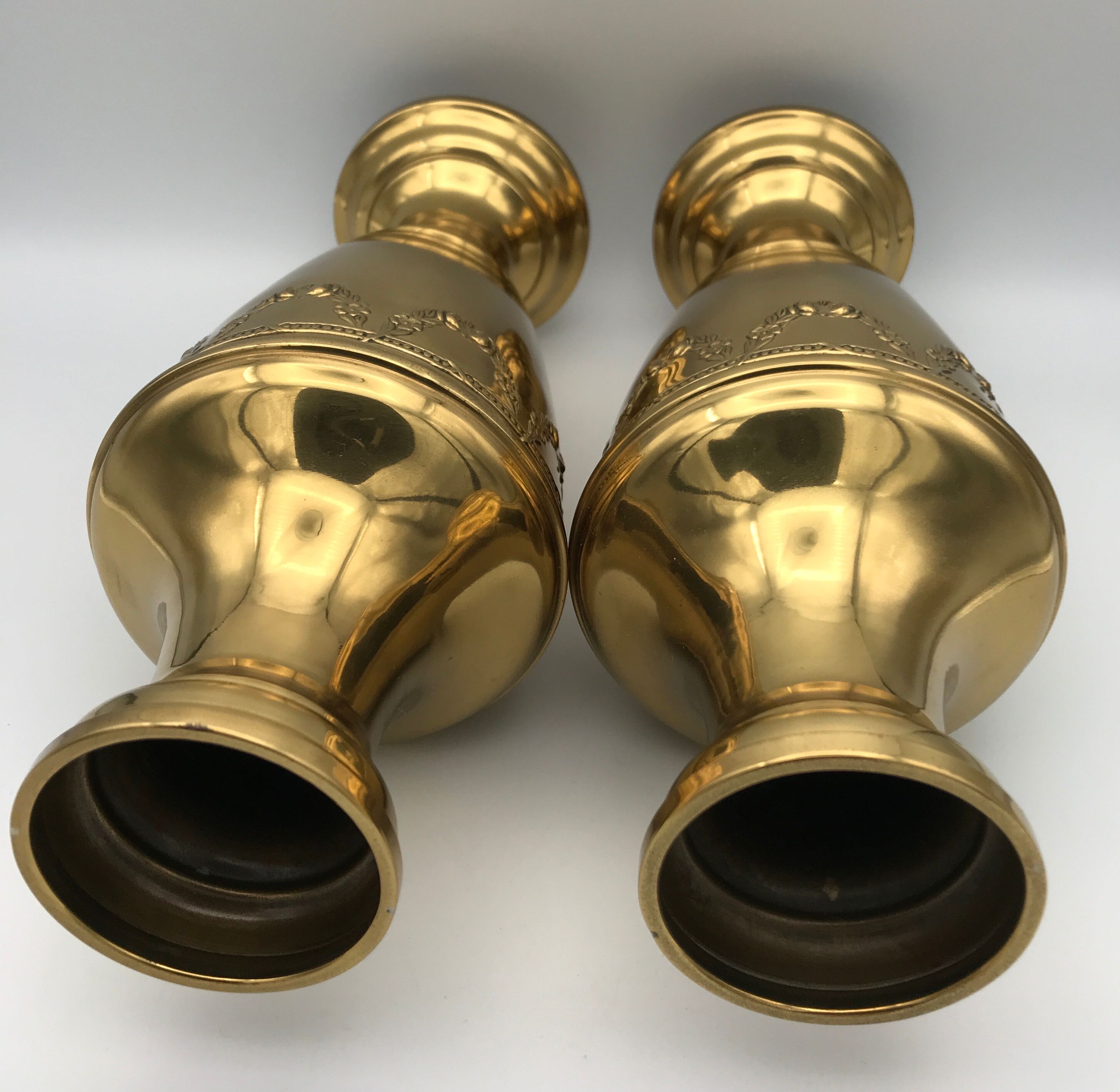 Pair of golden brass vases with floral frieze pattern 27.5 cm