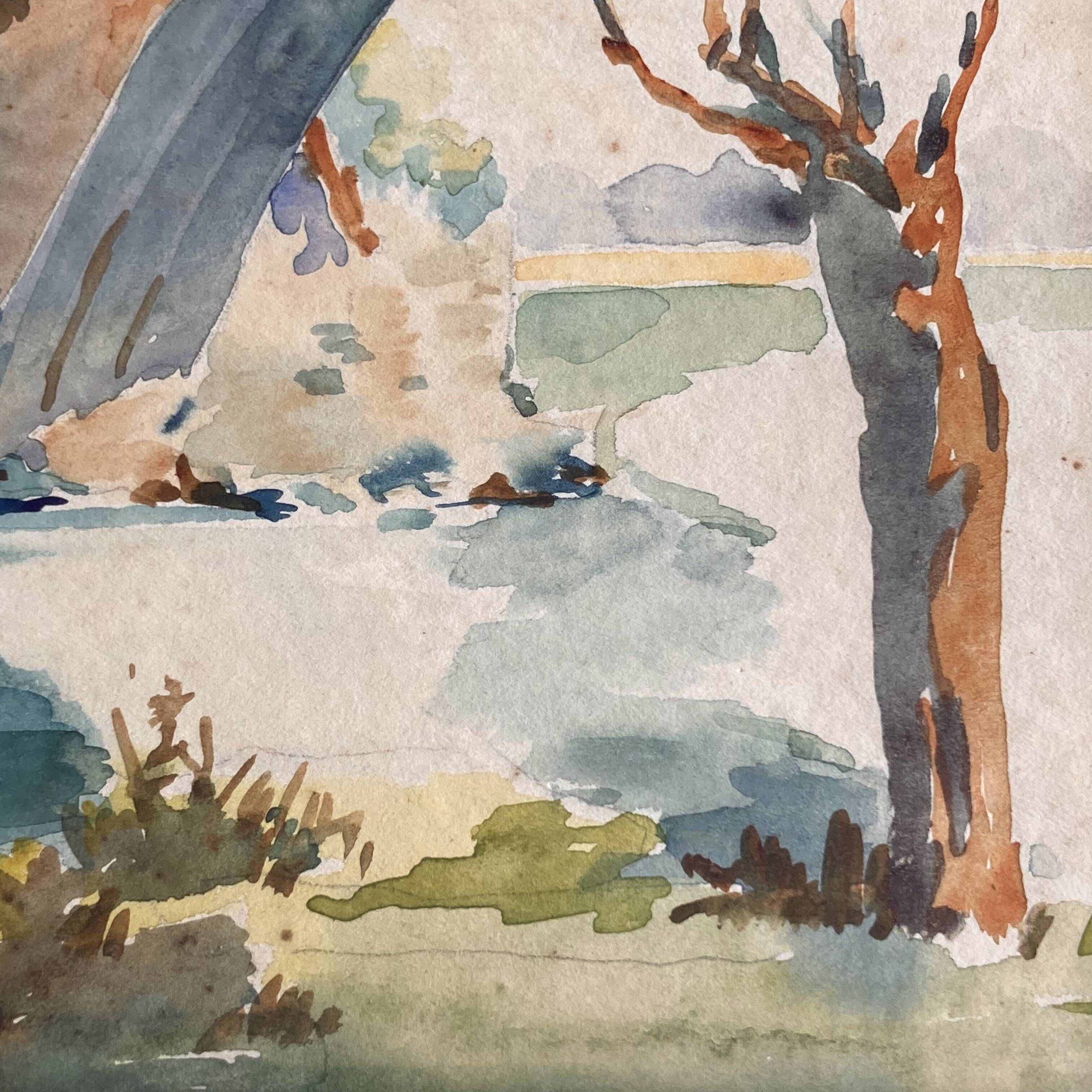 Watercolor landscape by J. Muller: the Saint-Nicolas Chapel of the Saint-Bénézet bridge in Avignon 1936