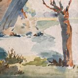 Watercolor landscape by J. Muller: the Saint-Nicolas Chapel of the Saint-Bénézet bridge in Avignon 1936