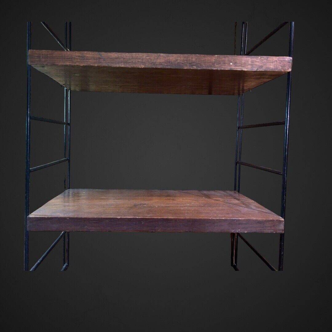 60's string wall shelf black lacquered metal oak, vintage