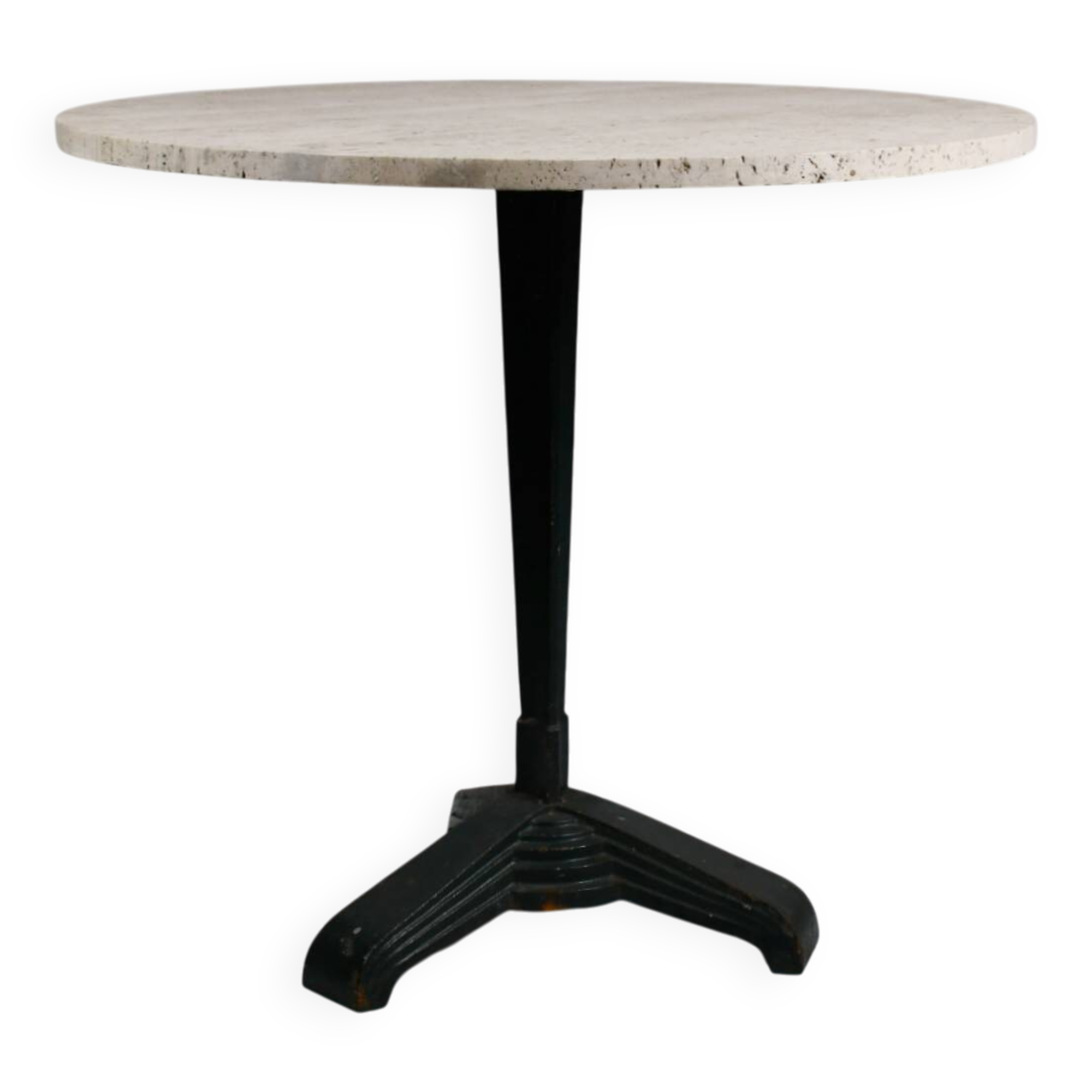 Vintage travertine bistro/dining table, solid metal base. (A)