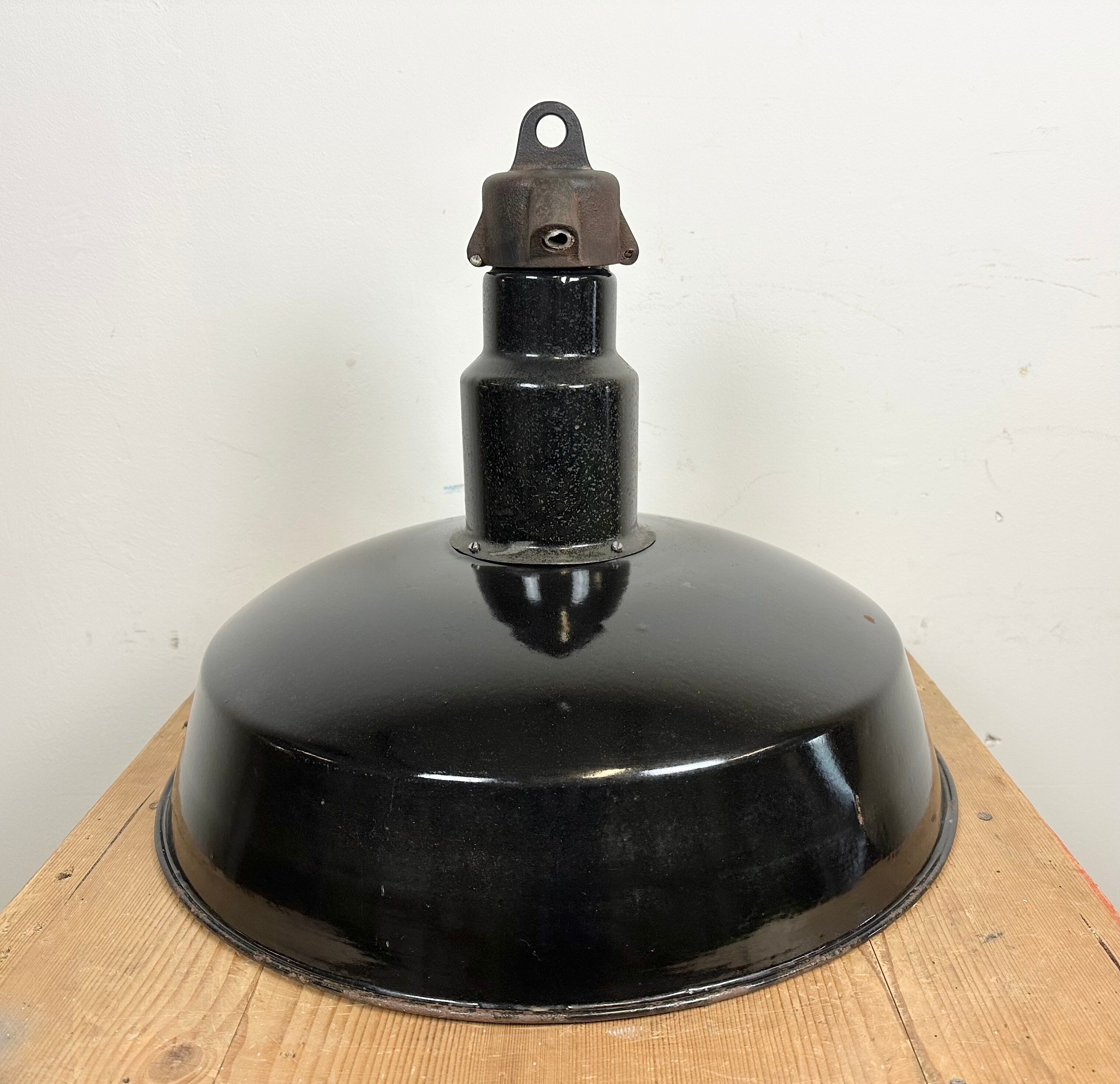 Industrial midcentury black enamel factory lamp, 1950s