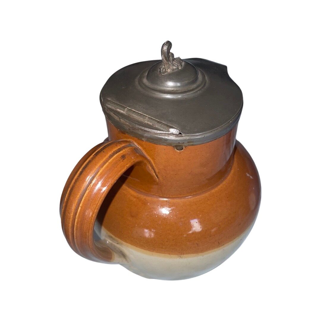Old brown and beige Langley Mill 19th century pitcher with its pewter lid