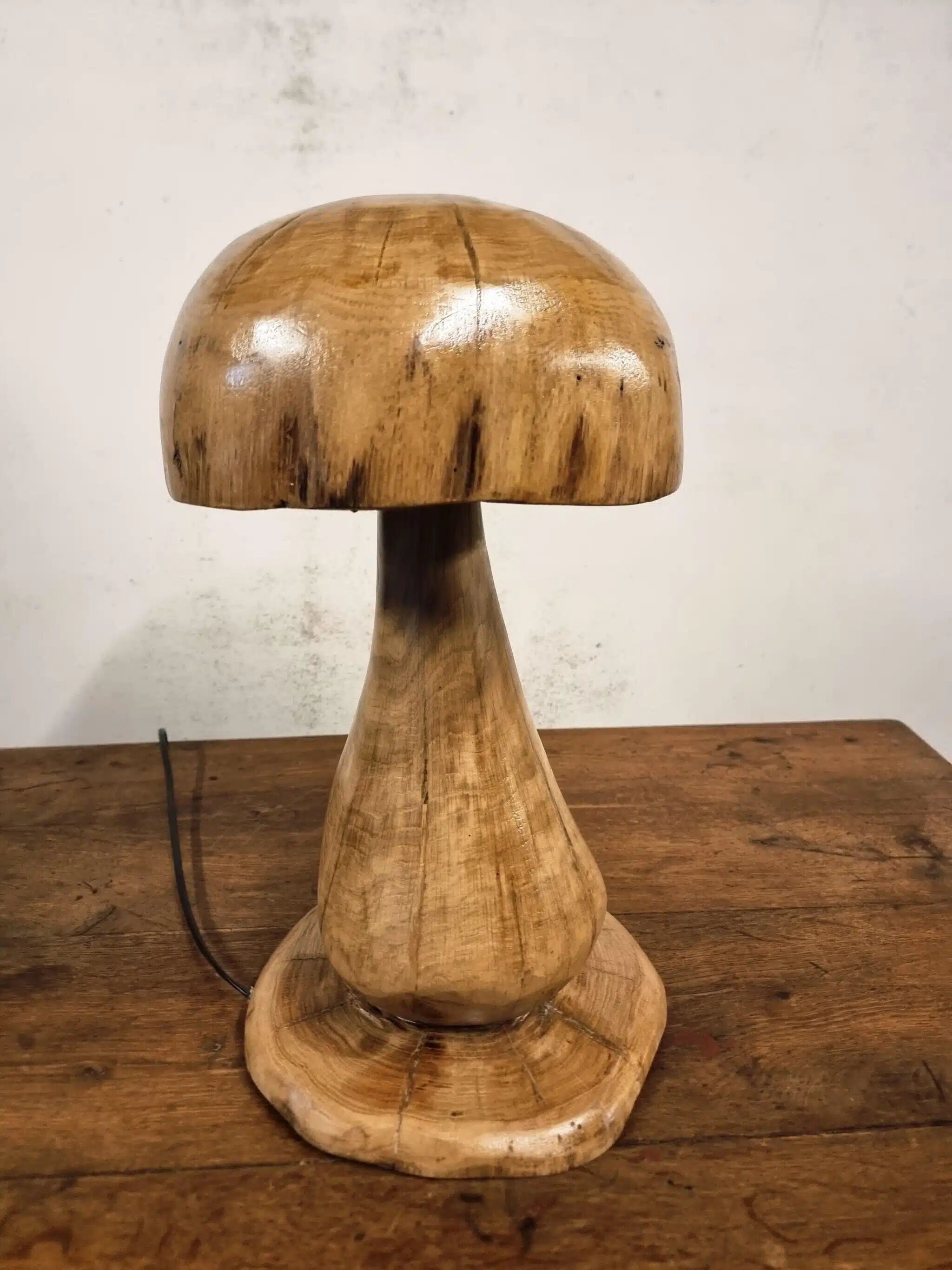 Hand-carved oak table lamp in the shape of a mushroom
