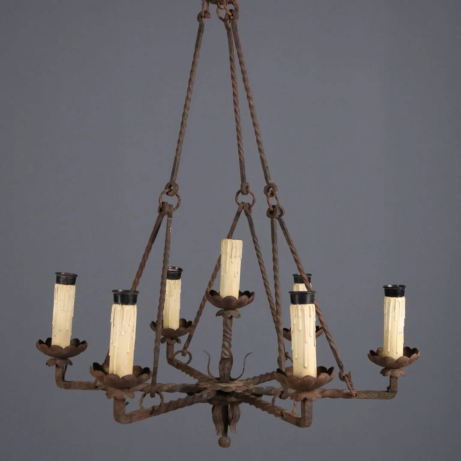 Antique wrought iron chandelier with 7 lights, Italy, 19th century.