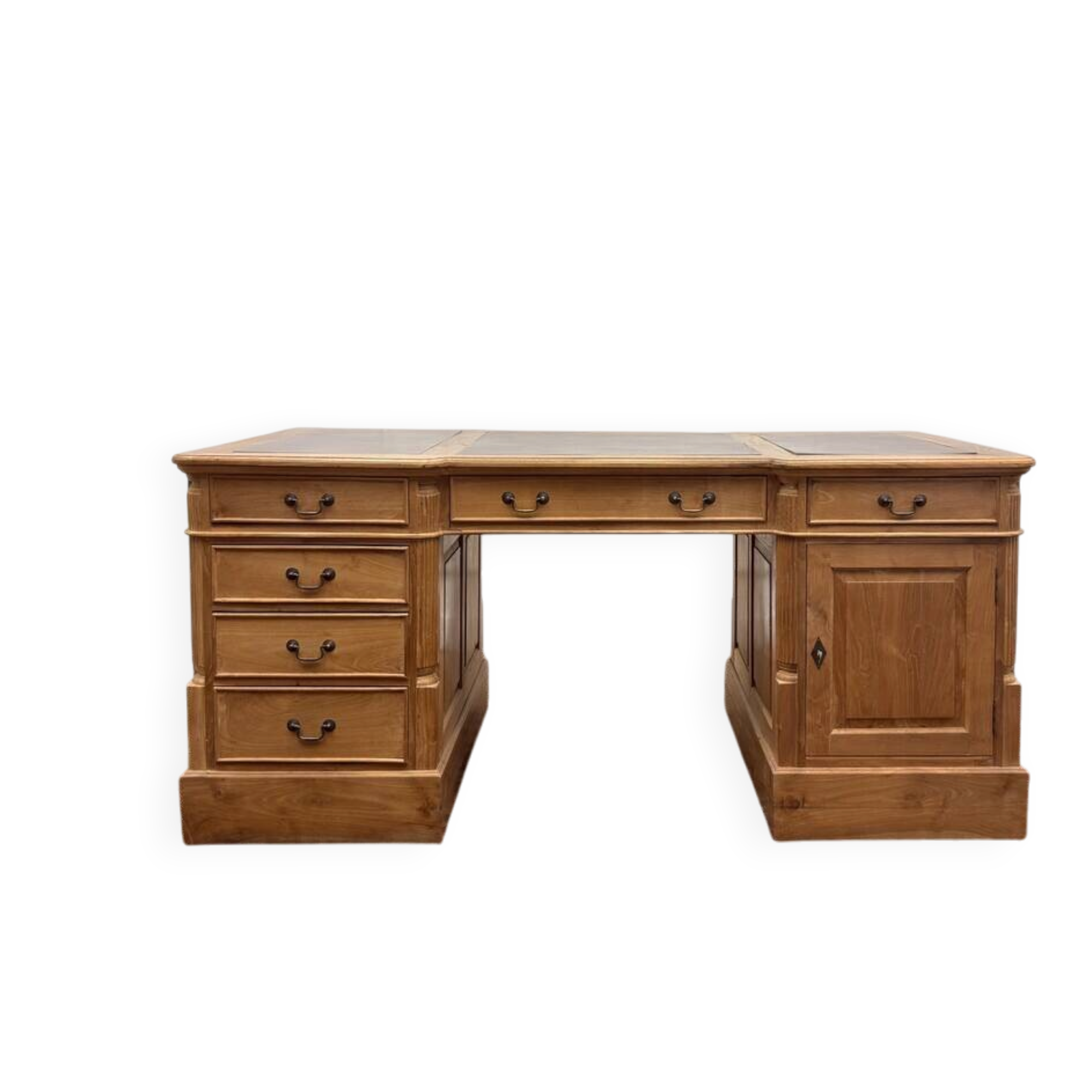 Bureau en teck anglais classique avec cuir marron