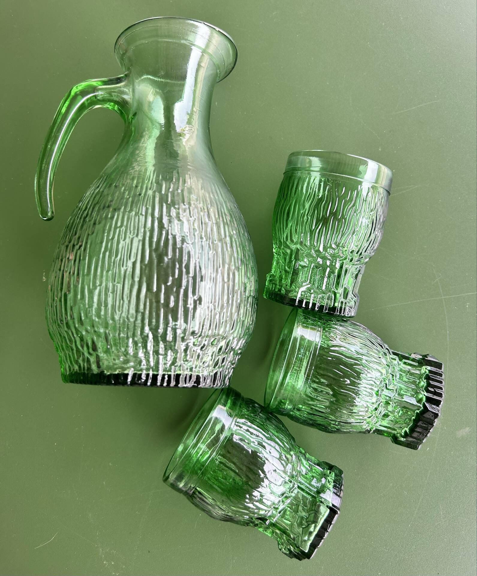 1 carafe and 3 green glasses from the '60s