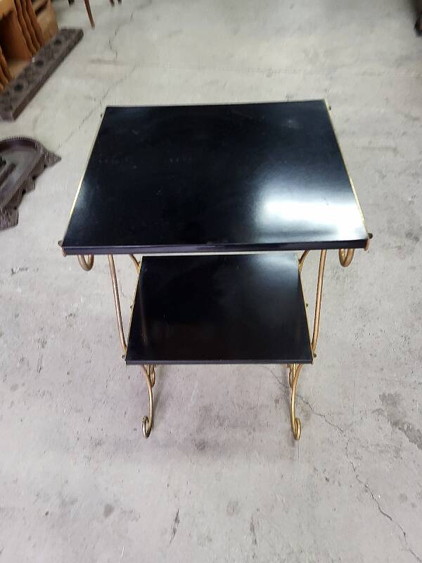 Petite sellette a 2 niveaux en metal et bois 1960