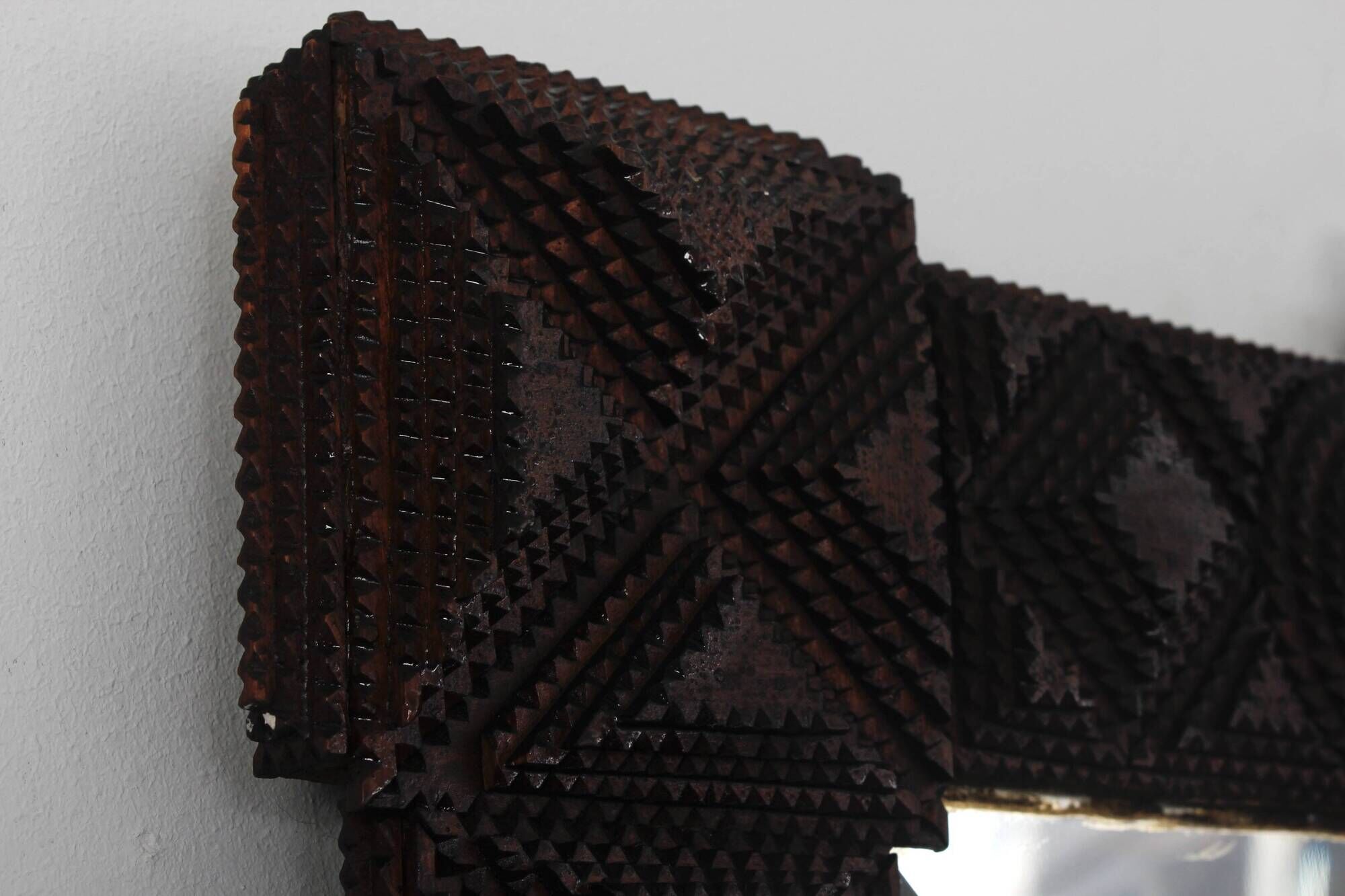 Antique Tramp Art wall mirror brutalism chip carving 1900