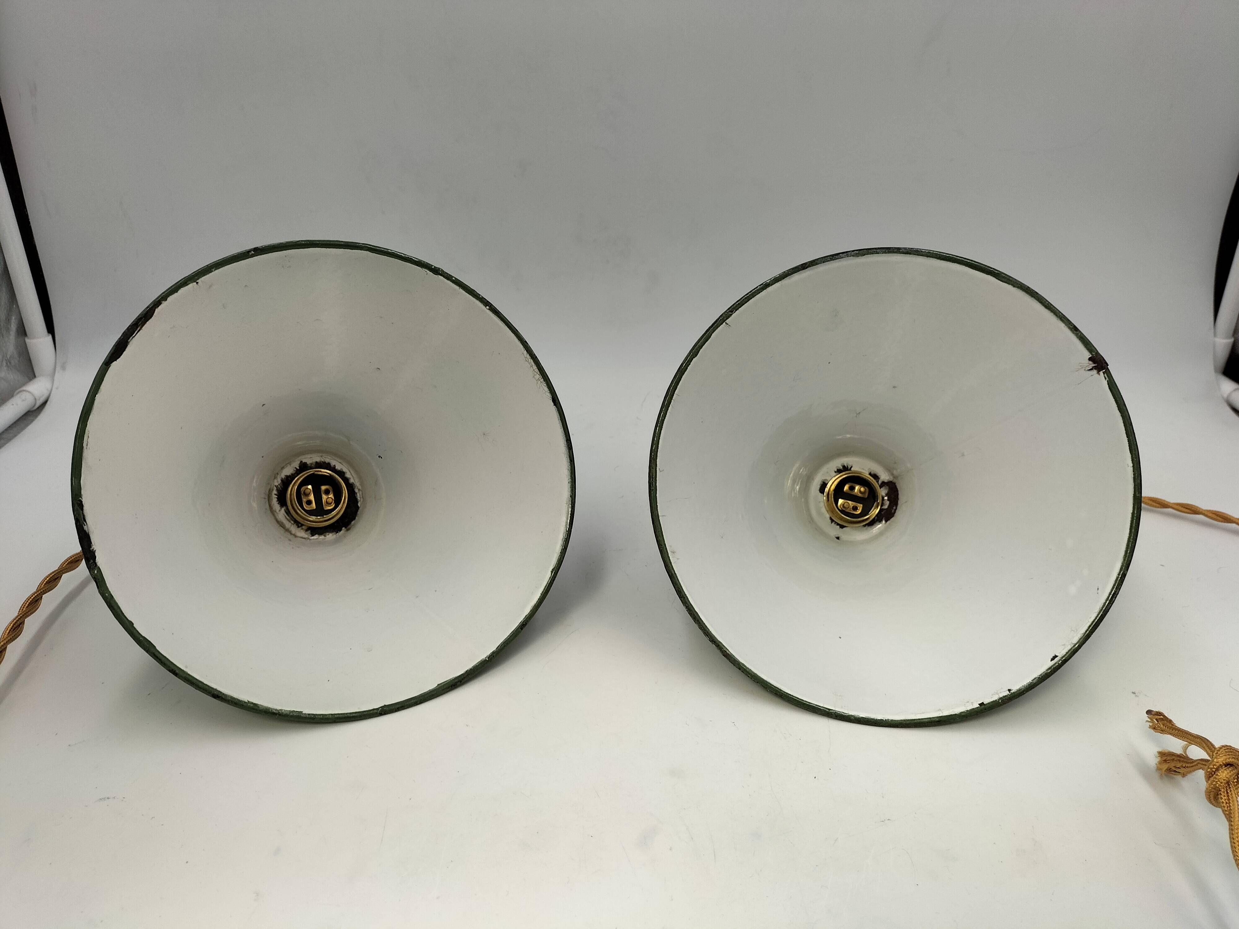 2 enameled sheet metal cone pendants