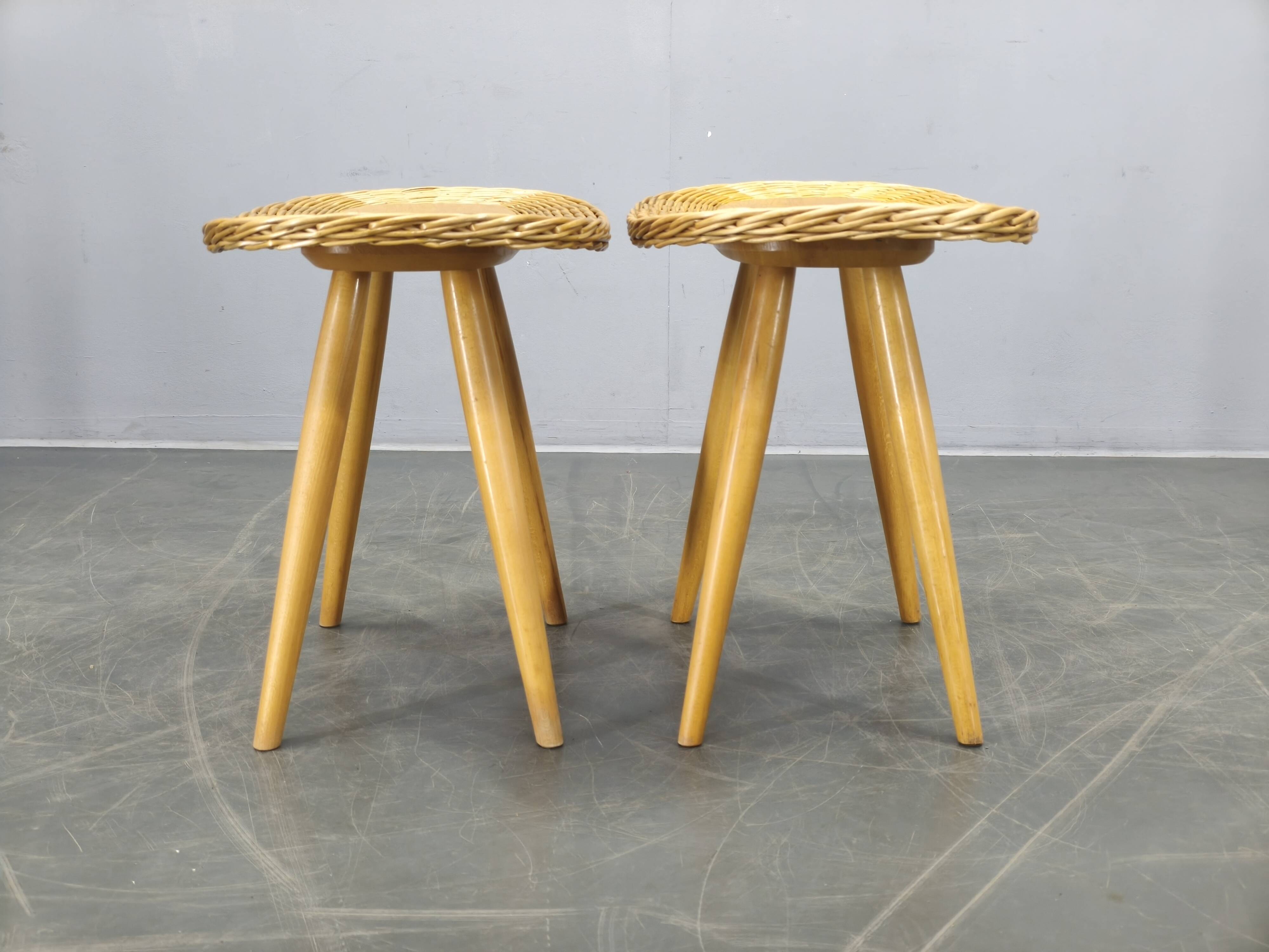 Pair of Rattan Side Tables by Jan Kalous for ULUV, 1970s