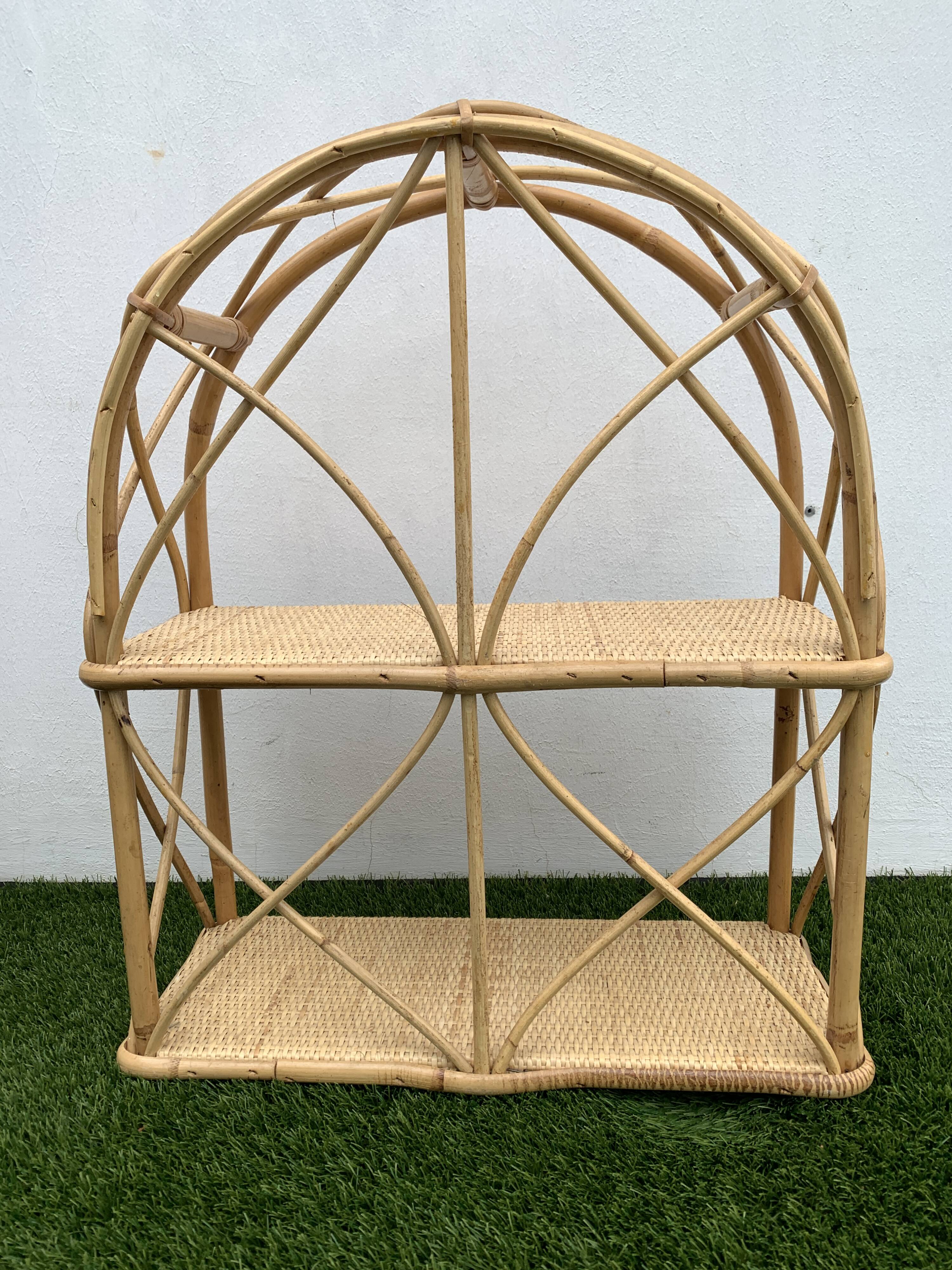 Pair of rattan and bamboo shelves or wall-bookcases, 1970