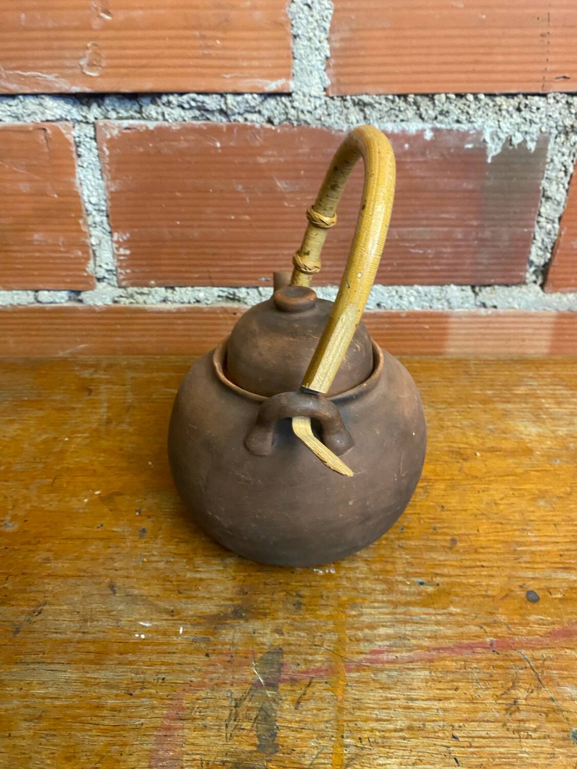 Antique terracotta teapot + bamboo handle, vintage japanese style