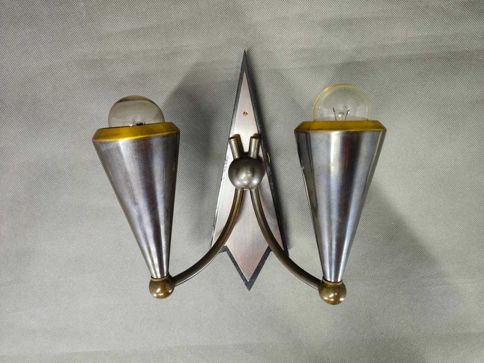Czech Cubist Art Deco Wall Lamp, Metal and Wood, 1930s