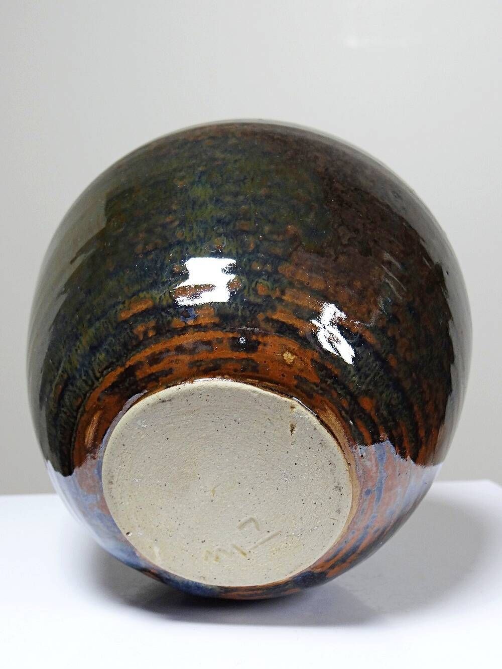 Small vintage/antique vase, very fine stoneware, flamed glaze, signature art ceramic