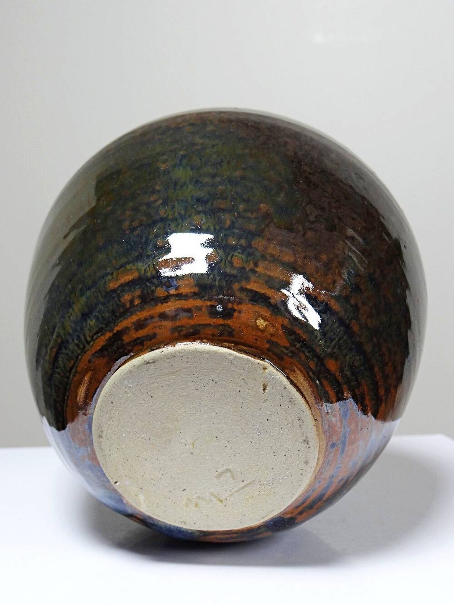Small vintage/antique vase, very fine stoneware, flamed glaze, signature art ceramic