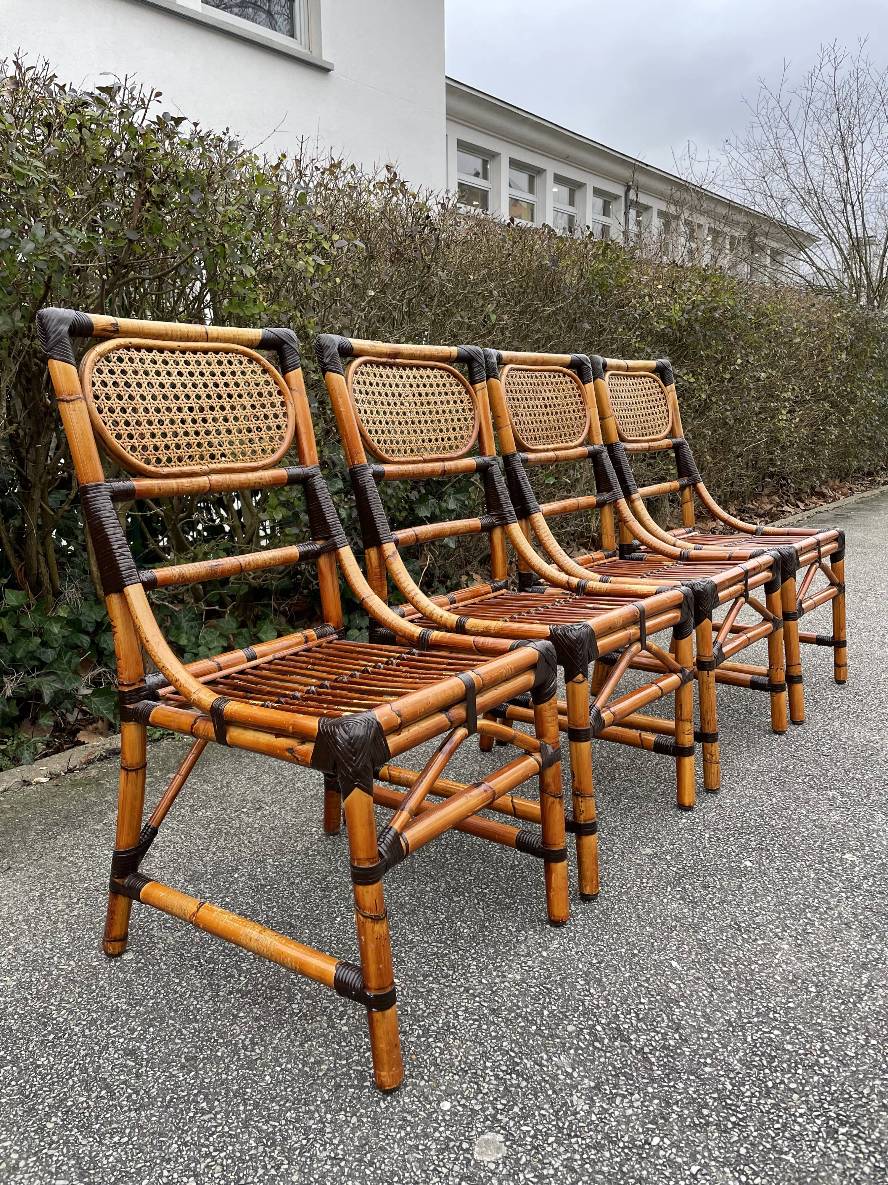 4 chaises en bambou et cannage
