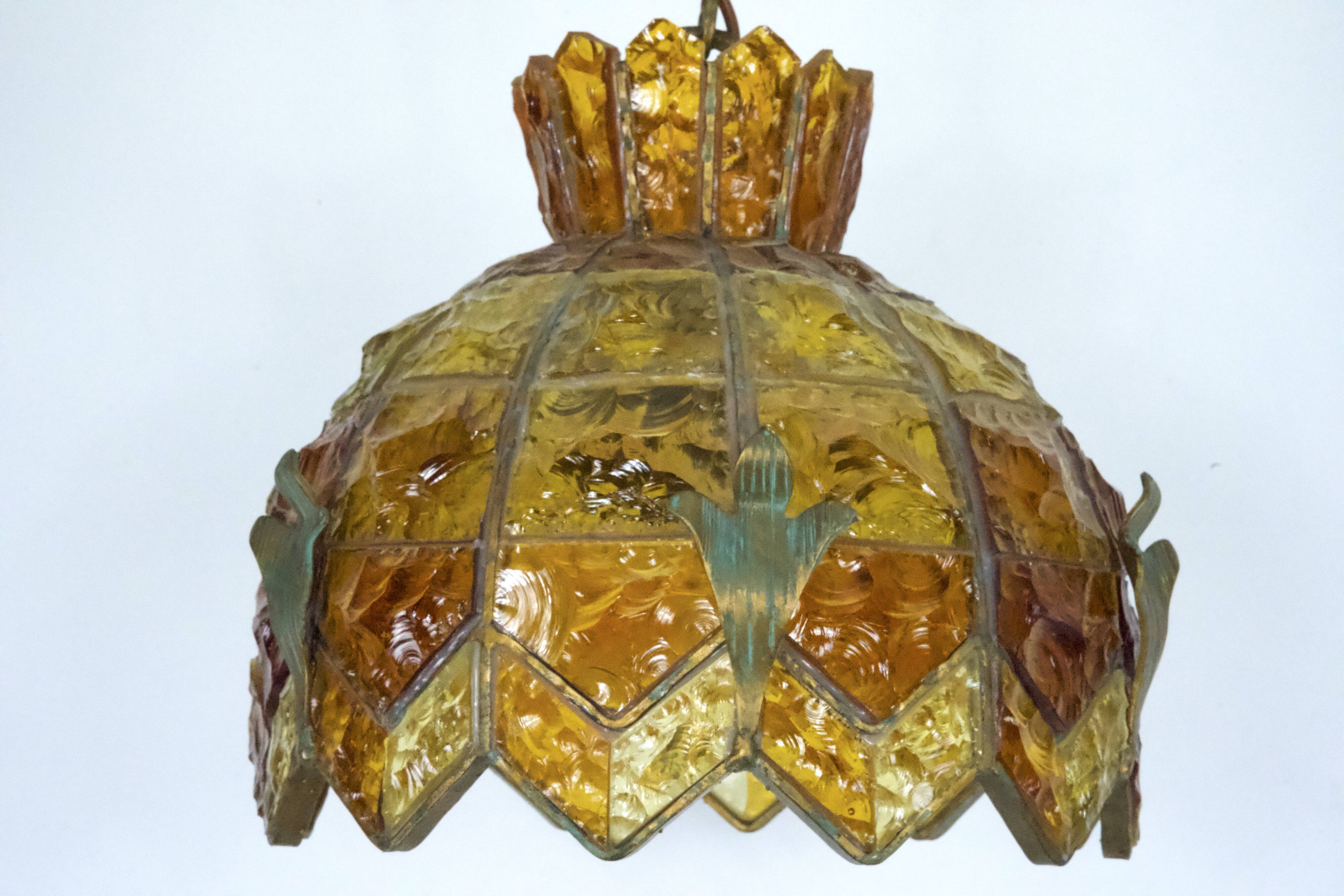 Brutalist Hammered Glass Chandelier by Longobard, Italy, 1970s