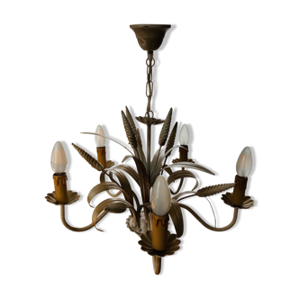 5-light sheet metal chandelier from the 20th century, foliage decorations + ears of wheat