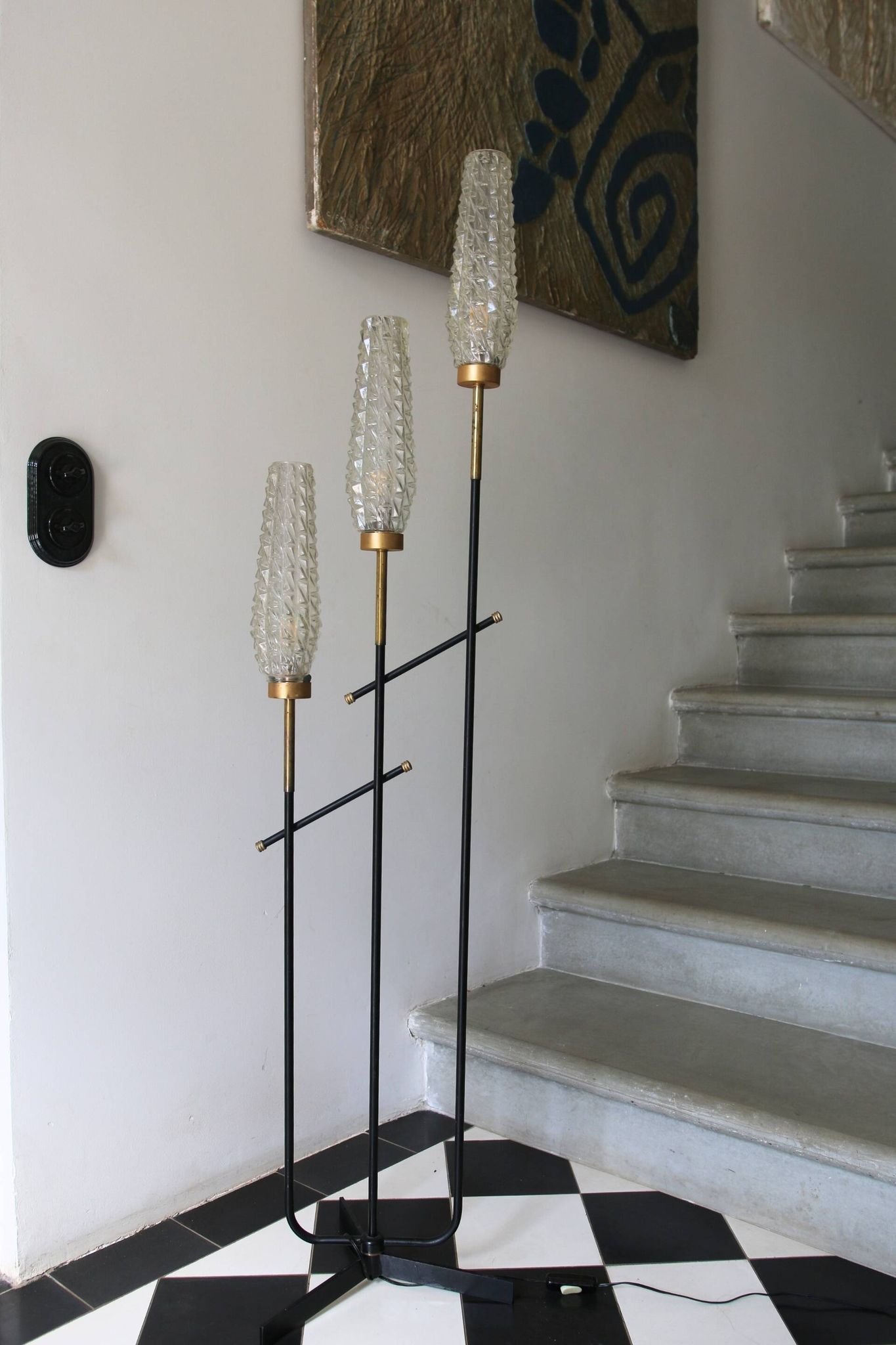 Vintage 3-light floor lamp, Arlus style, Art Deco spirit, 1950s.