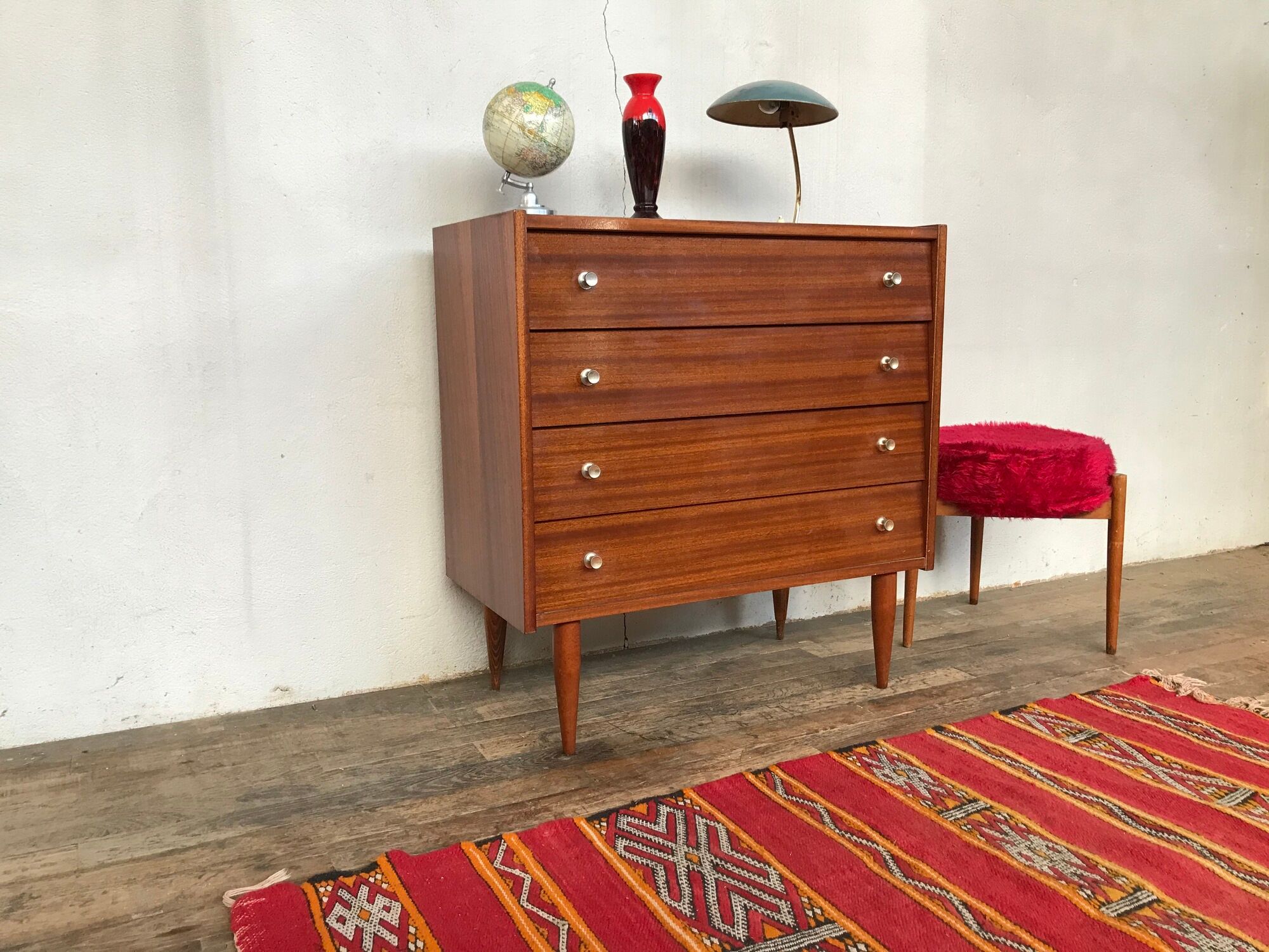 Scandinavian vintage chest of drawers with 4 exotic teak-style wooden drawers 1950 1960