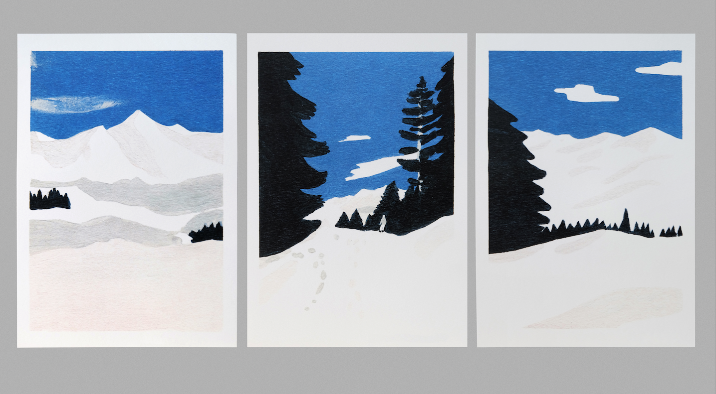 La Montagne, series of 3 vertical illustrations in the format 14.5 x 21 cm