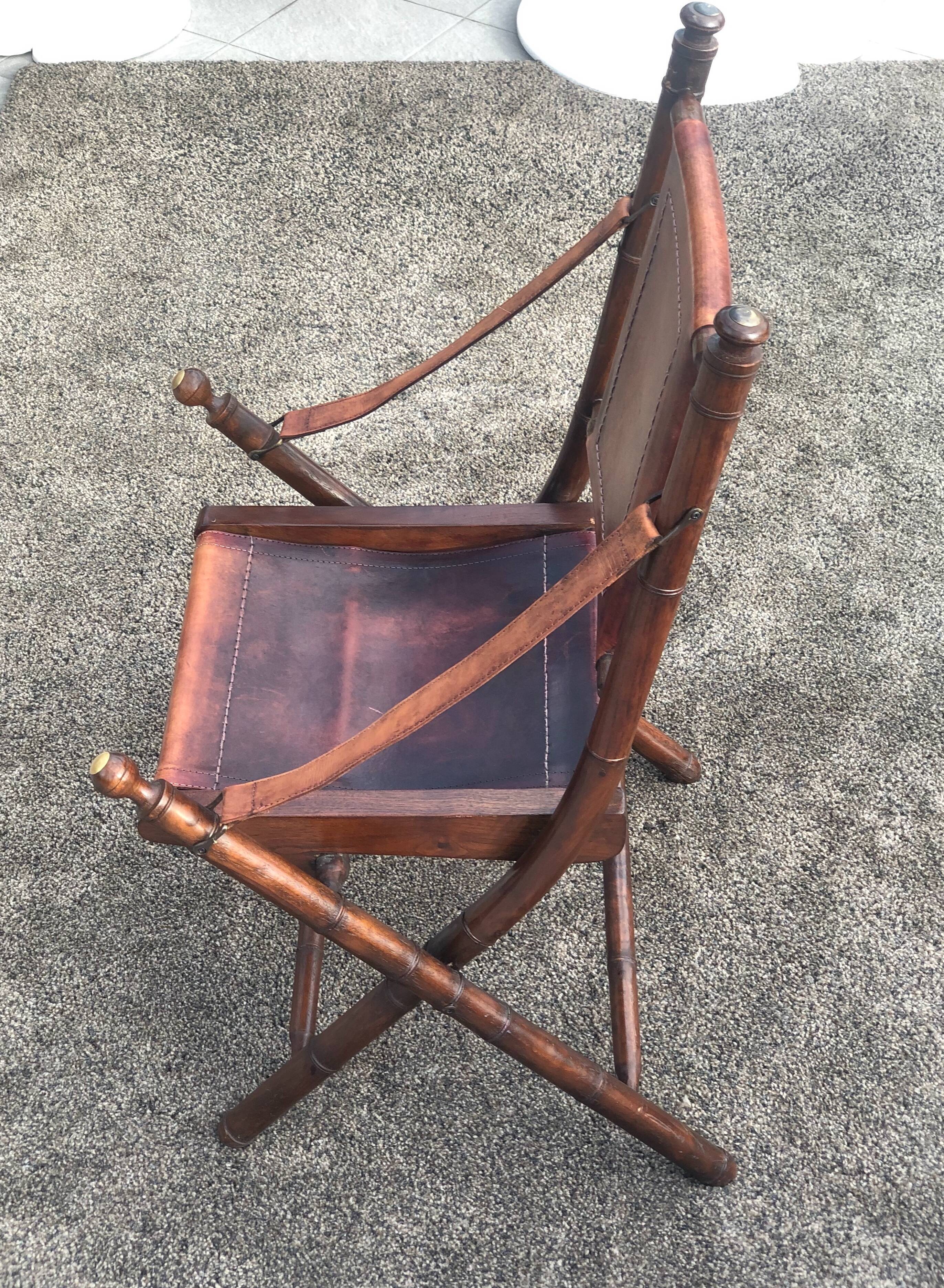 Boat chair folding in leather, bamboo and brass, 1930s