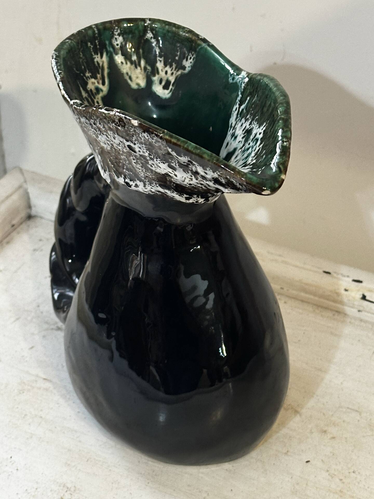 Sculptural pitcher Vallauris in glazed ceramic green and brown, France
