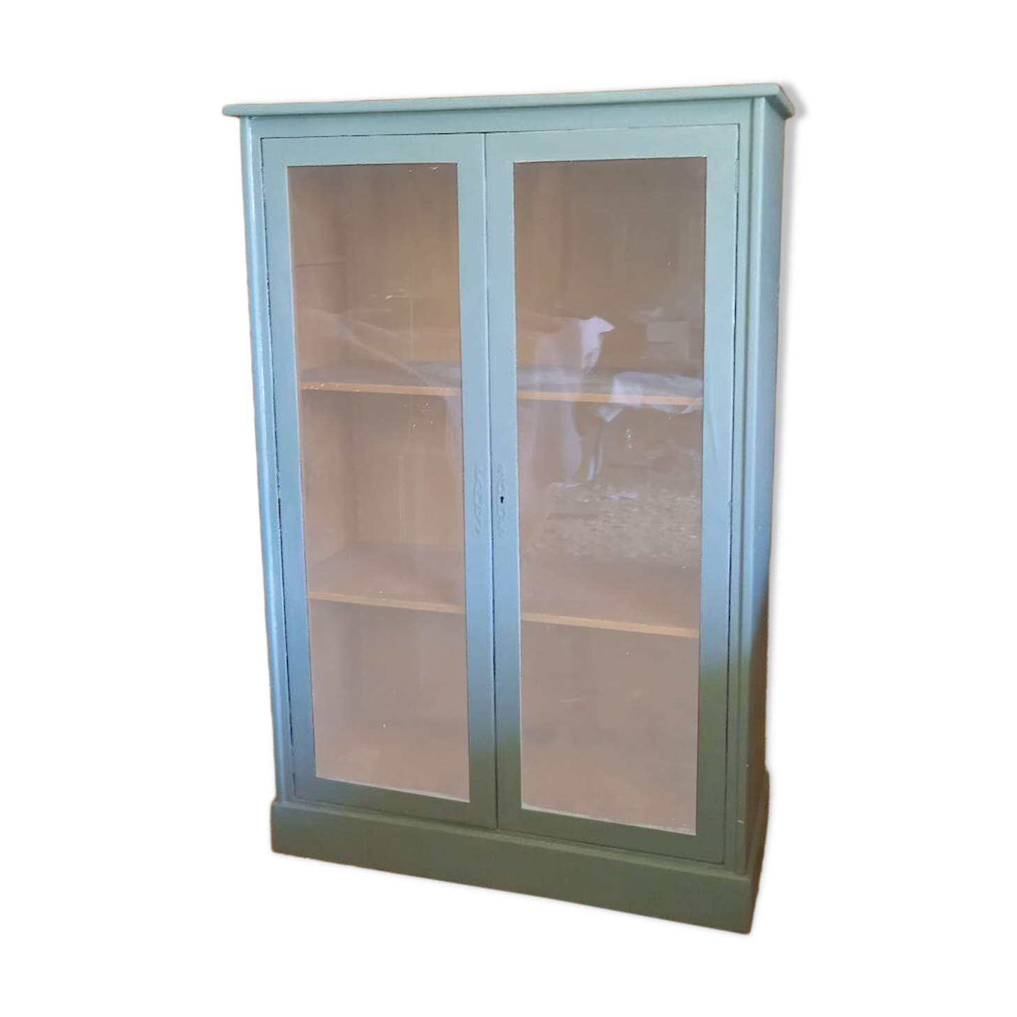 Green patina wooden display cabinet