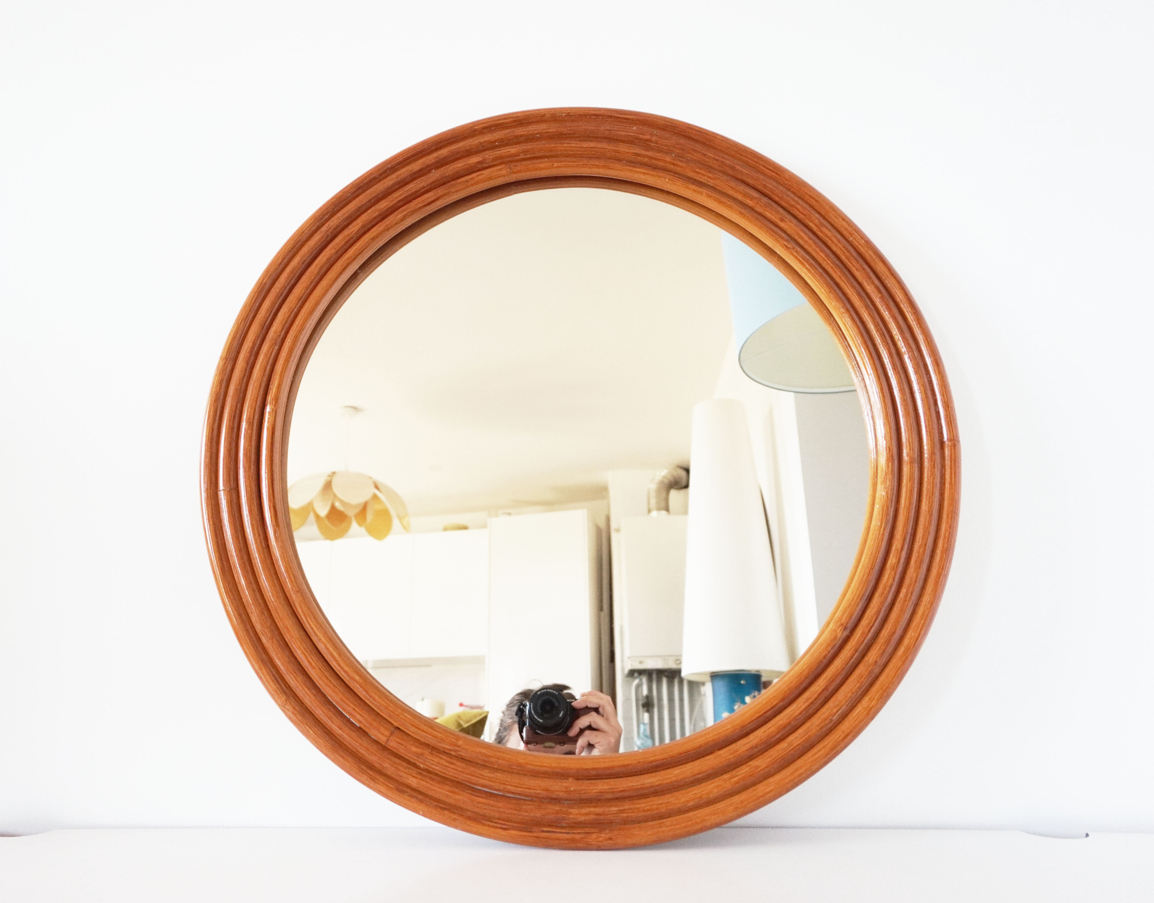 Round mirror in vintage rattan bamboo