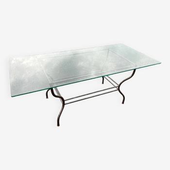 Table rectangulaire dessus verre translucide pietement metal vintage 1980