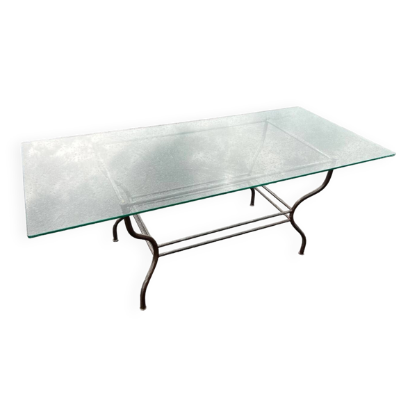 Table rectangulaire dessus verre translucide pietement metal vintage 1980
