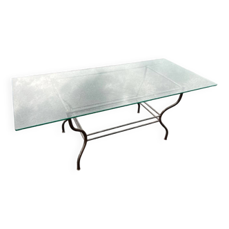 Table rectangulaire dessus verre translucide pietement metal vintage 1980