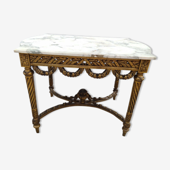 Table de milieu en bois doré style Louis XVl avec plateau en marbre