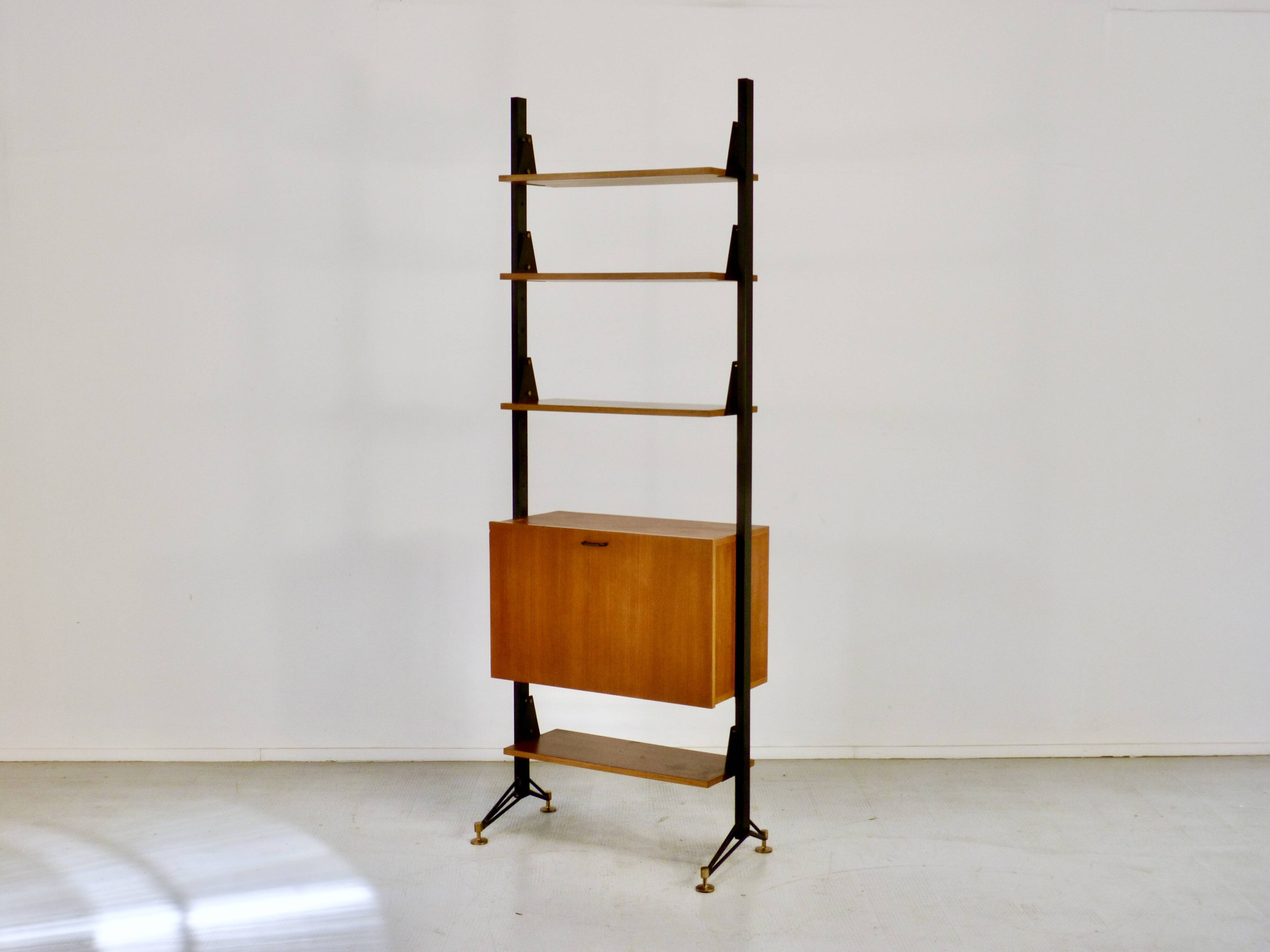 Mid-Century Modern Italian Freestanding Teak and Steel Modular Bookshelf,