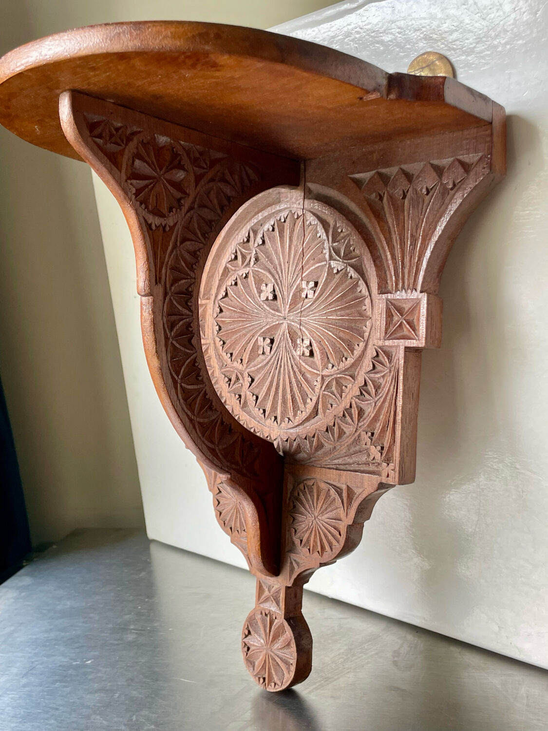 Antique Wooden Wall Console Bracket with geometric carvings