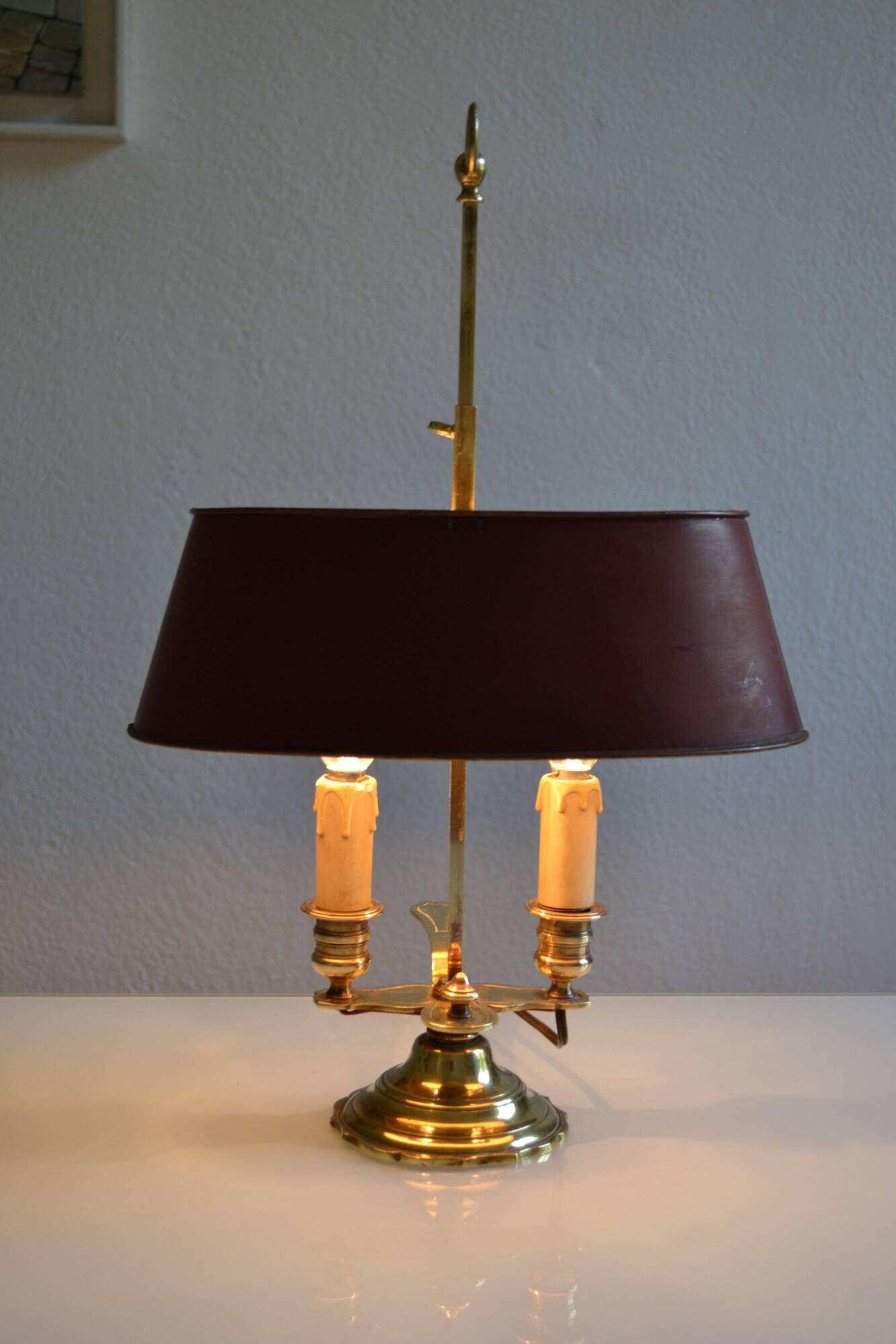 hot water bottle lamp with 2 bronze lights and burgundy sheet metal lampshade
