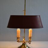 hot water bottle lamp with 2 bronze lights and burgundy sheet metal lampshade