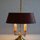 hot water bottle lamp with 2 bronze lights and burgundy sheet metal lampshade