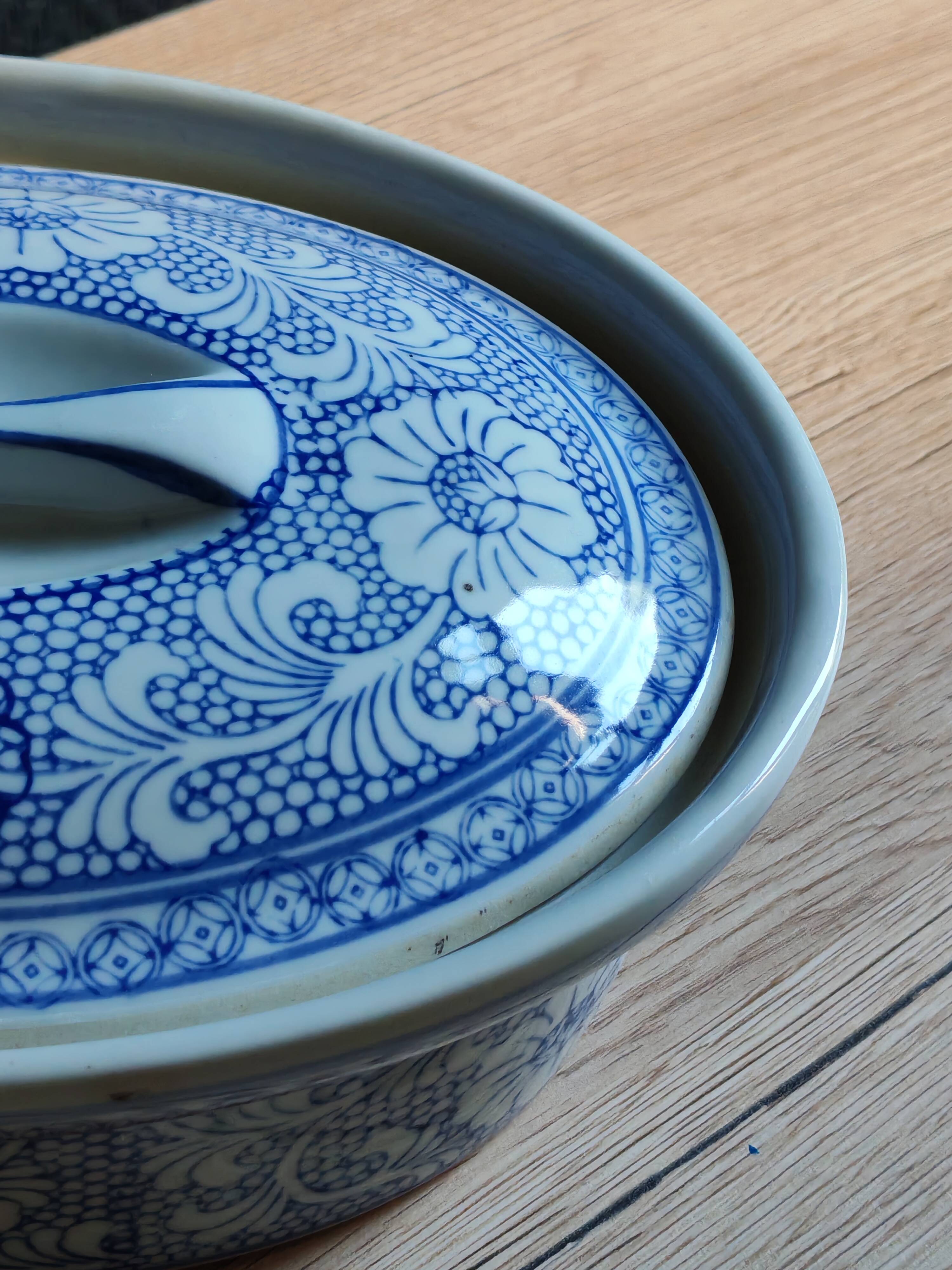 Oval Vintage Terrine in Blue and White Porcelain, Casserole with Lid